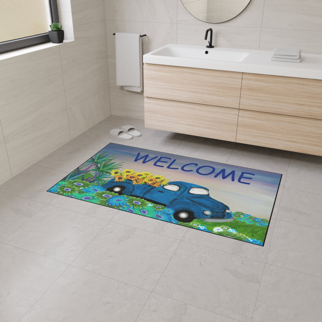Welcome Blue Truck Doormat - Heavy Duty Floor Mat with Sunflowers