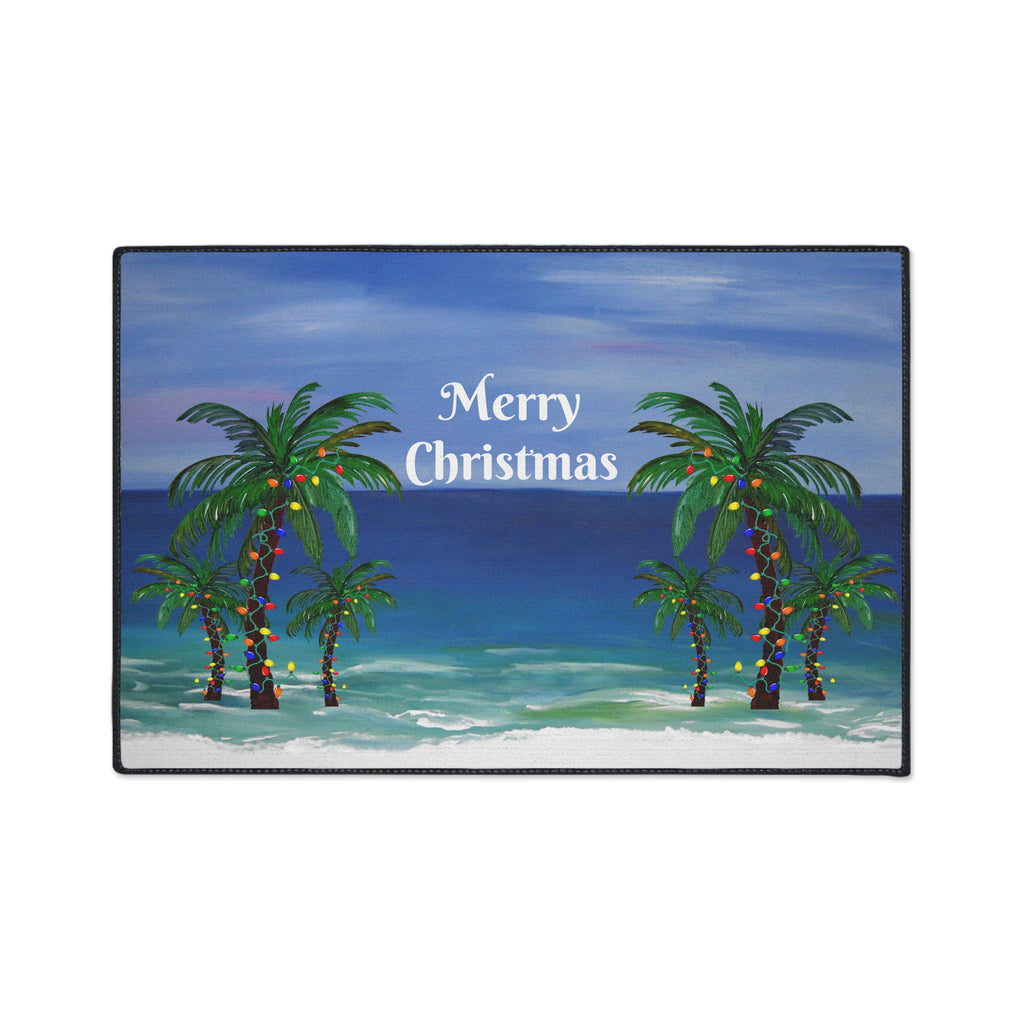 Merry Christmas Beach Floor Mat — Tropical Palm Trees Holiday Doormat