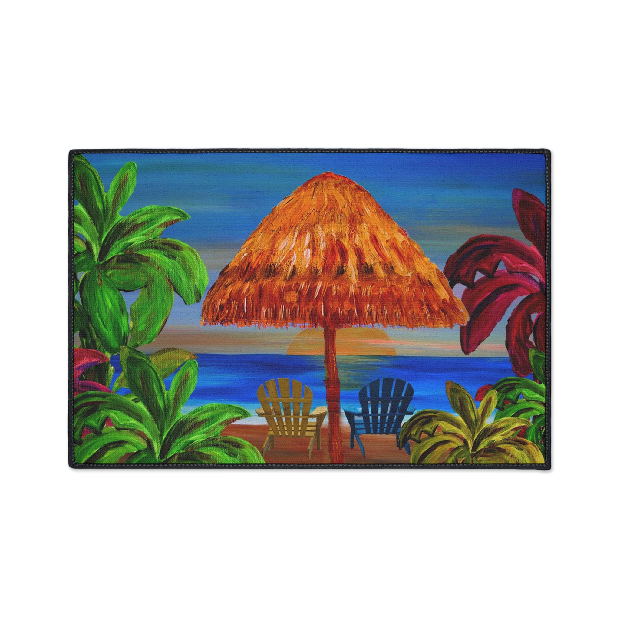 Tropical Beach Floor Mat — Sunset Palapa & Adirondack Chairs Heavy-Duty Door Rug