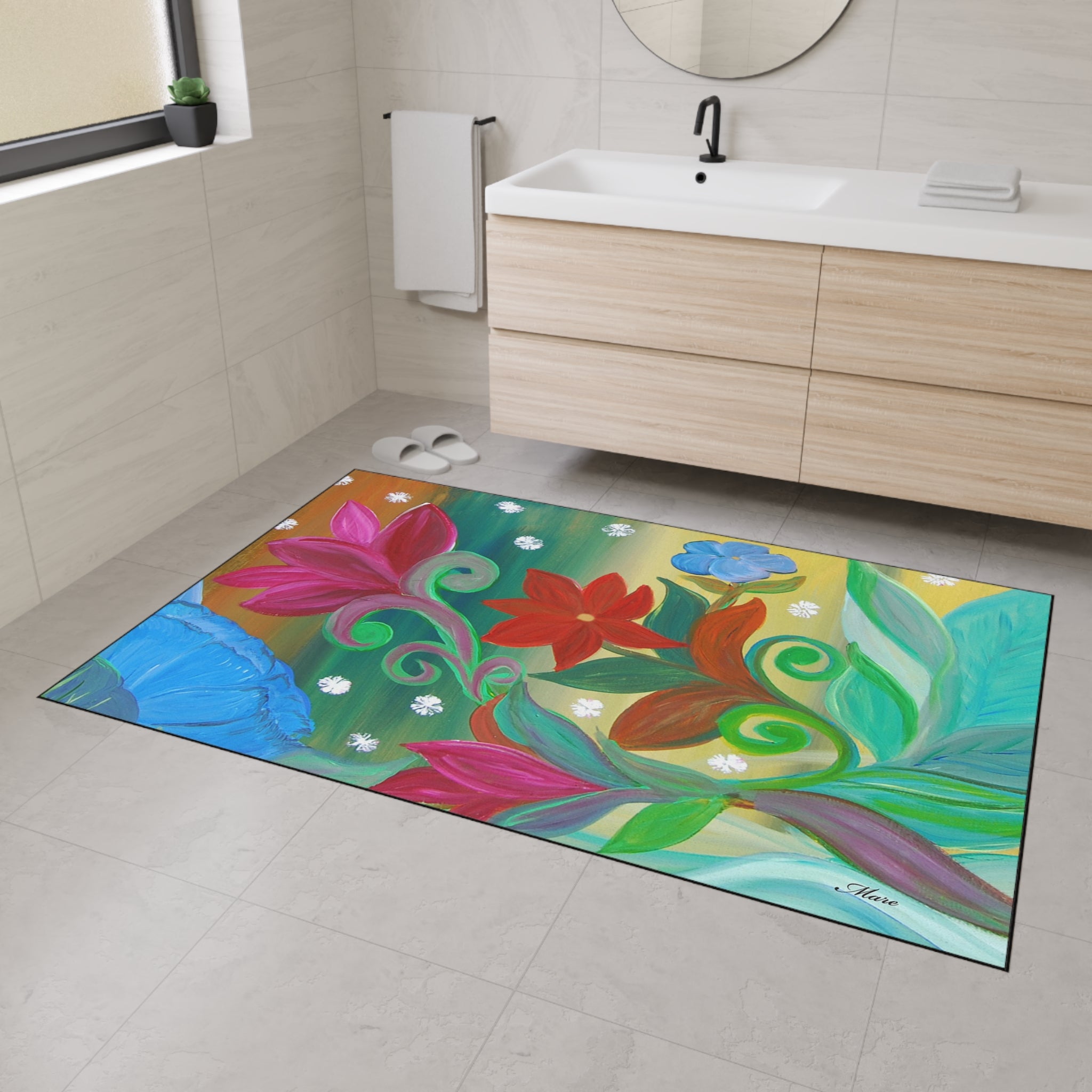 Floral Bloom Heavy Duty Floor Mat – Colorful Tropical Flowers Welcome Rug