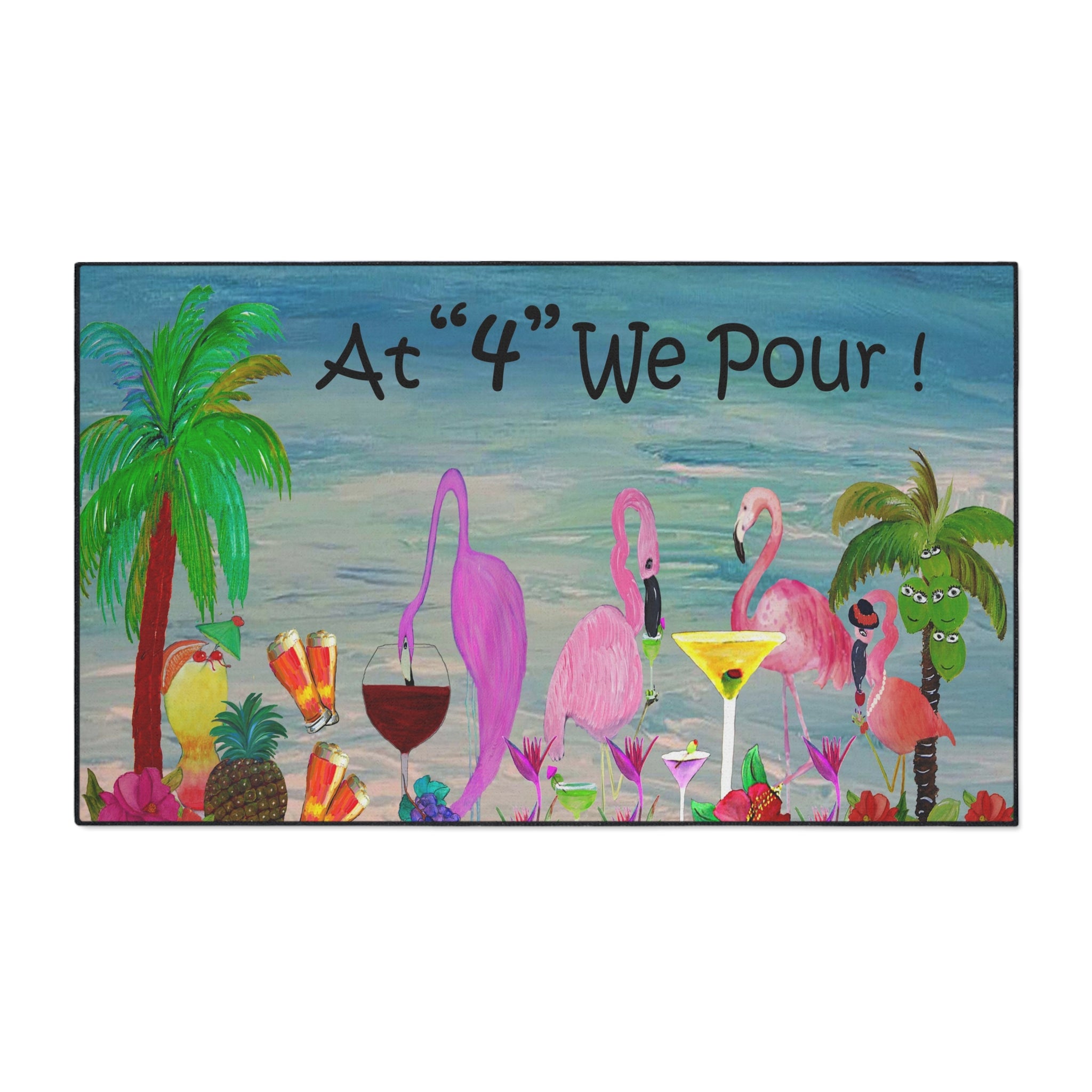 Tropical Flamingo Cocktails Doormat — "At '4' We Pour!" Heavy Duty Floor Mat