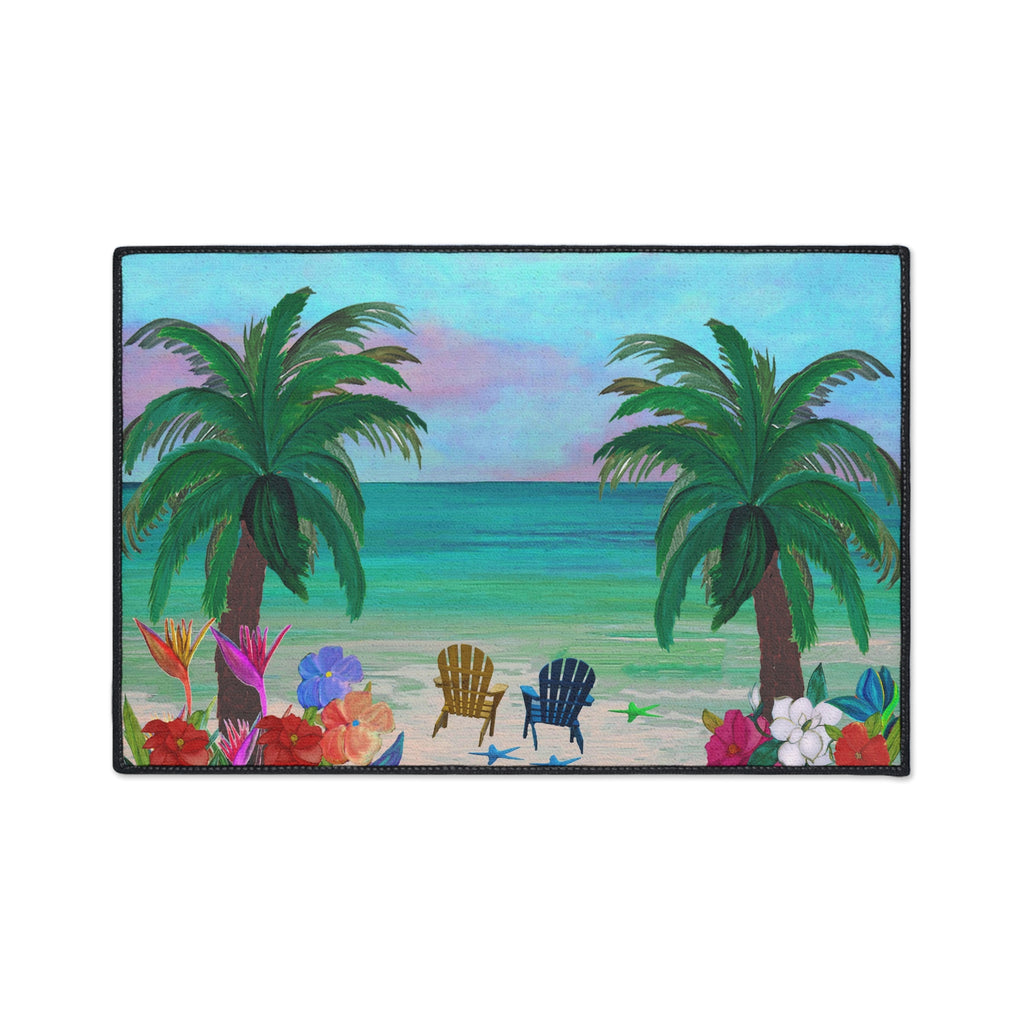 Tropical Beach Floor Mat — Palm Trees, Adirondack Chairs & Floral Welcome Doormat