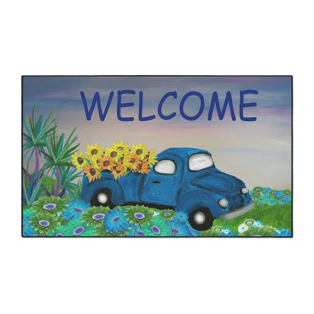Welcome Blue Truck Doormat - Heavy Duty Floor Mat with Sunflowers