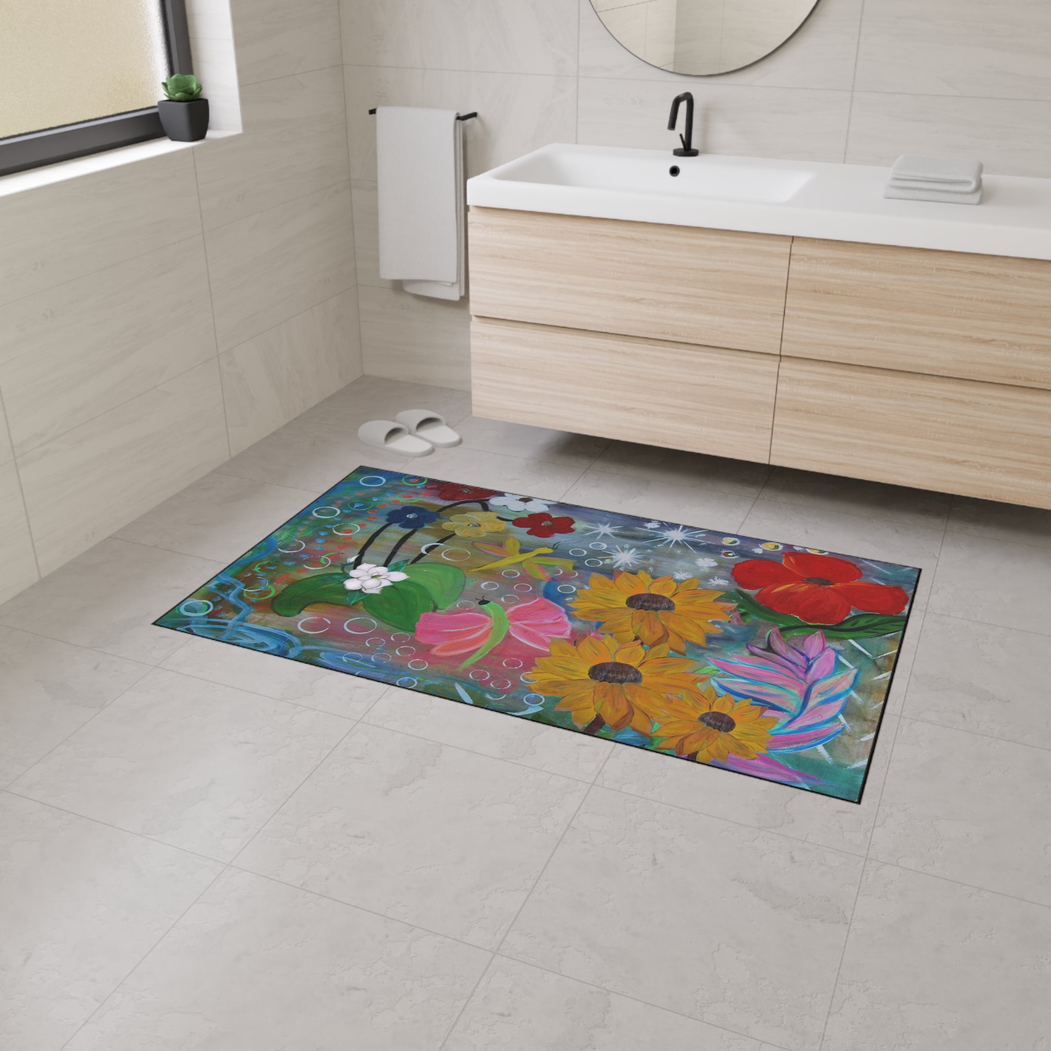 Floral Garden Heavy Duty Floor Mat — Colorful Sunflowers & Poppies Doormat
