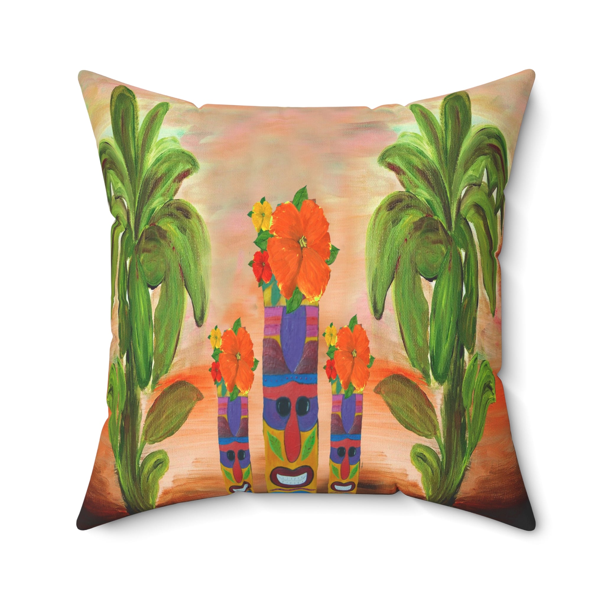 Tropical Tiki Flower Square Pillow — Tiki Man Totem Palm Throw