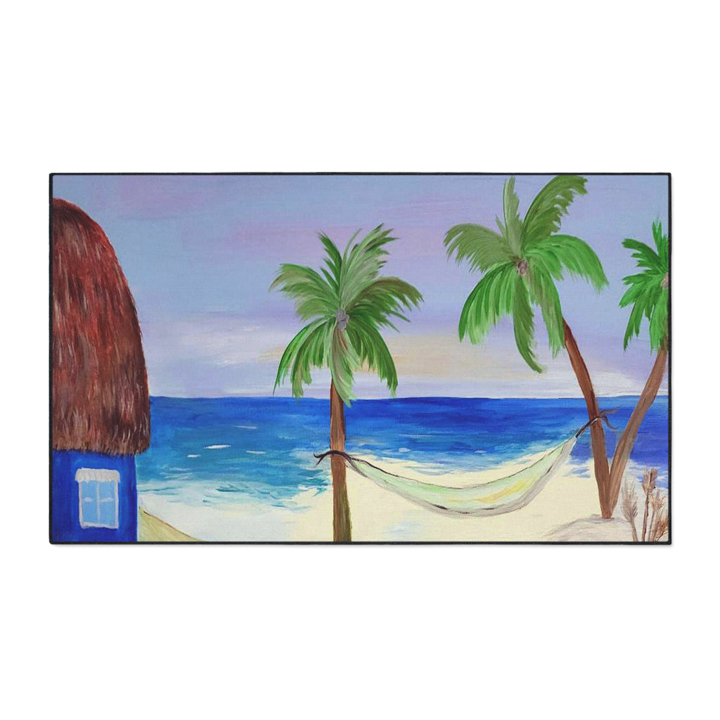 Beach Scene Heavy Duty Floor Mat — Tropical Hammock Palm Tree Doormat