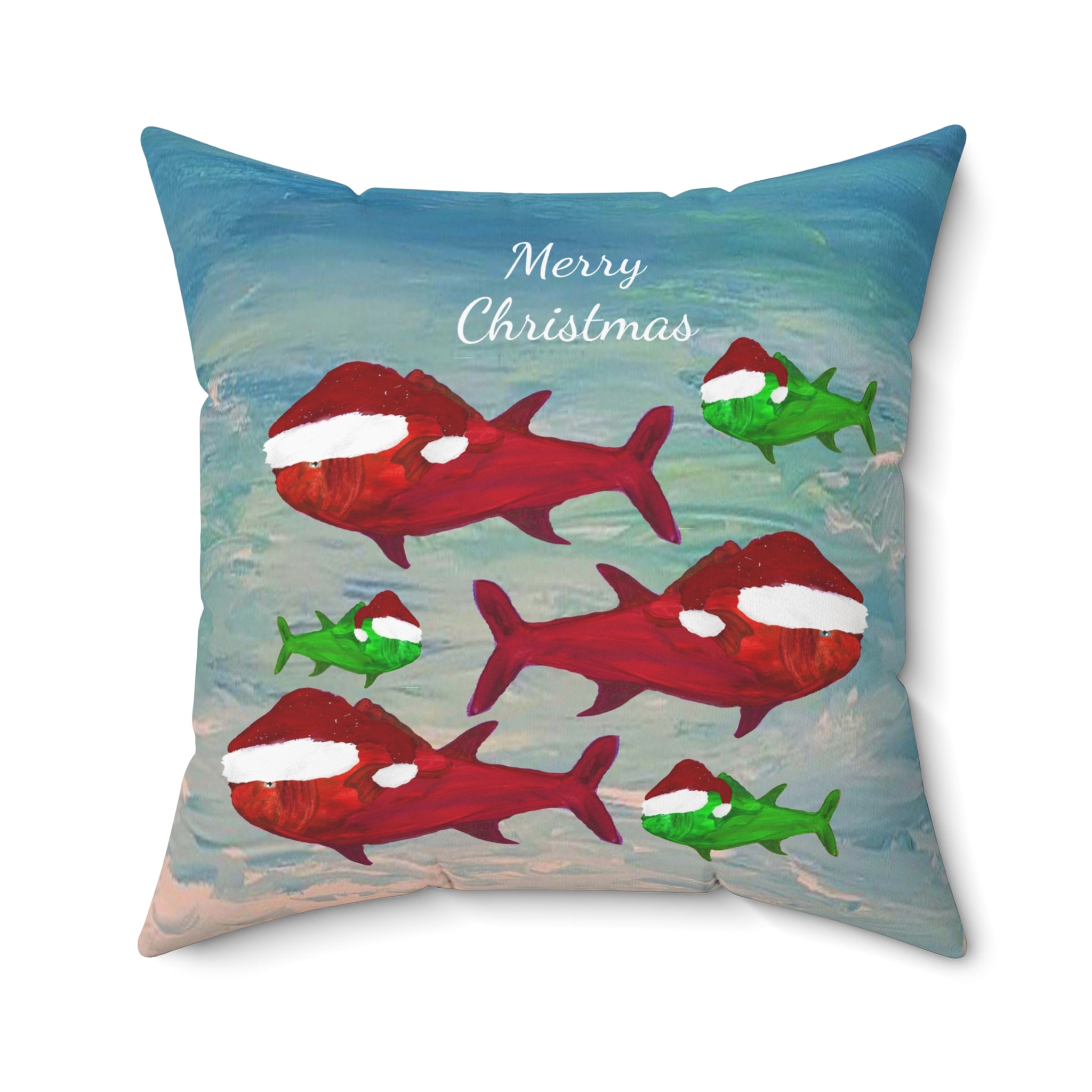 Christmas Fish Throw Pillow — 'Merry Christmas' Nautical Holiday Decor