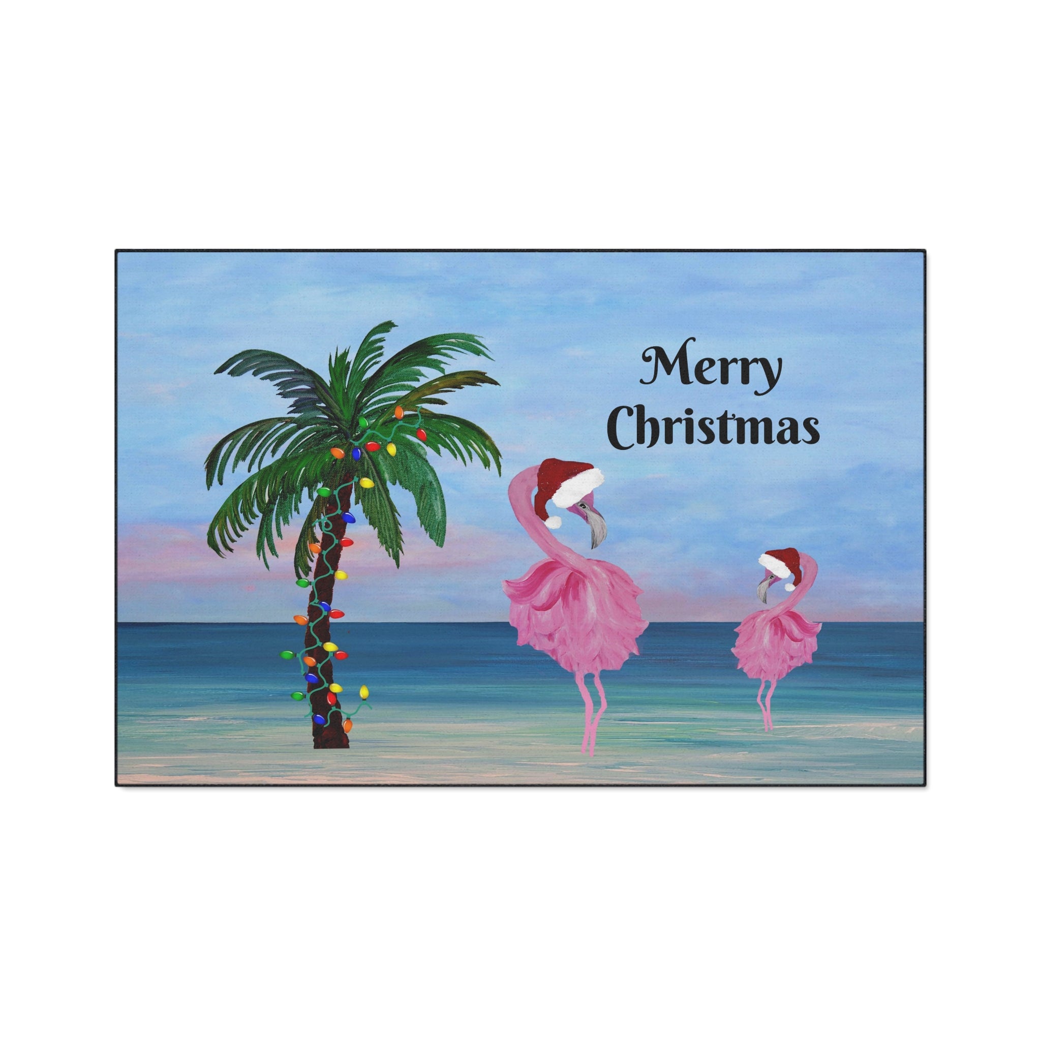 Christmas Beach Floor Mat — "Merry Christmas" Palm & Flamingo Holiday Doormat