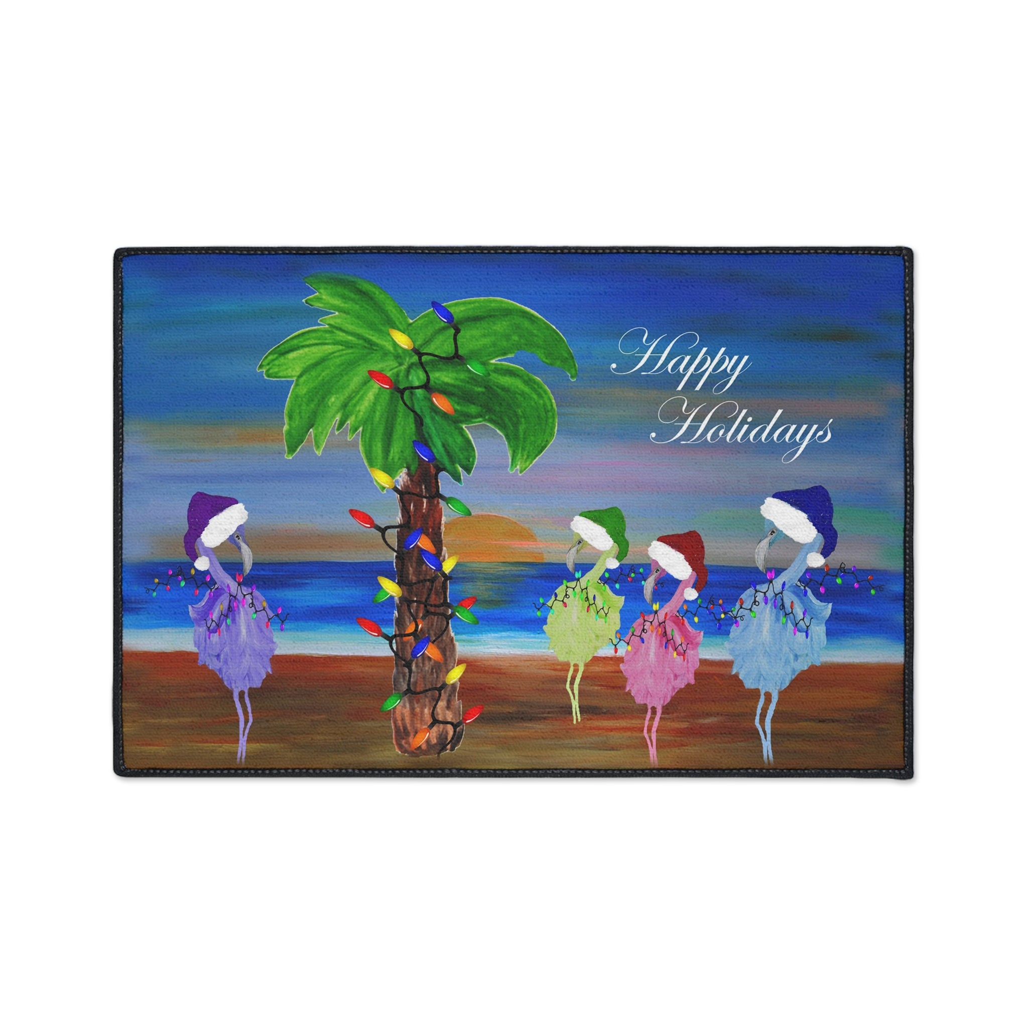 Holiday Beach Floor Mat — "Happy Holidays" Palm Tree & Carolers Doormat
