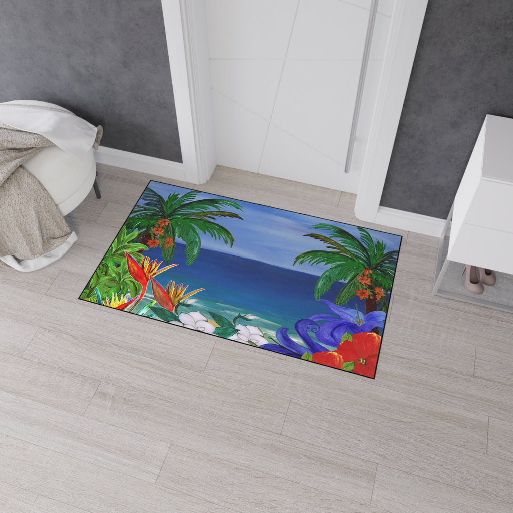 Tropical Beach Floor Mat — Heavy-Duty Outdoor/Indoor Doormat with Palm Trees & Floral Design