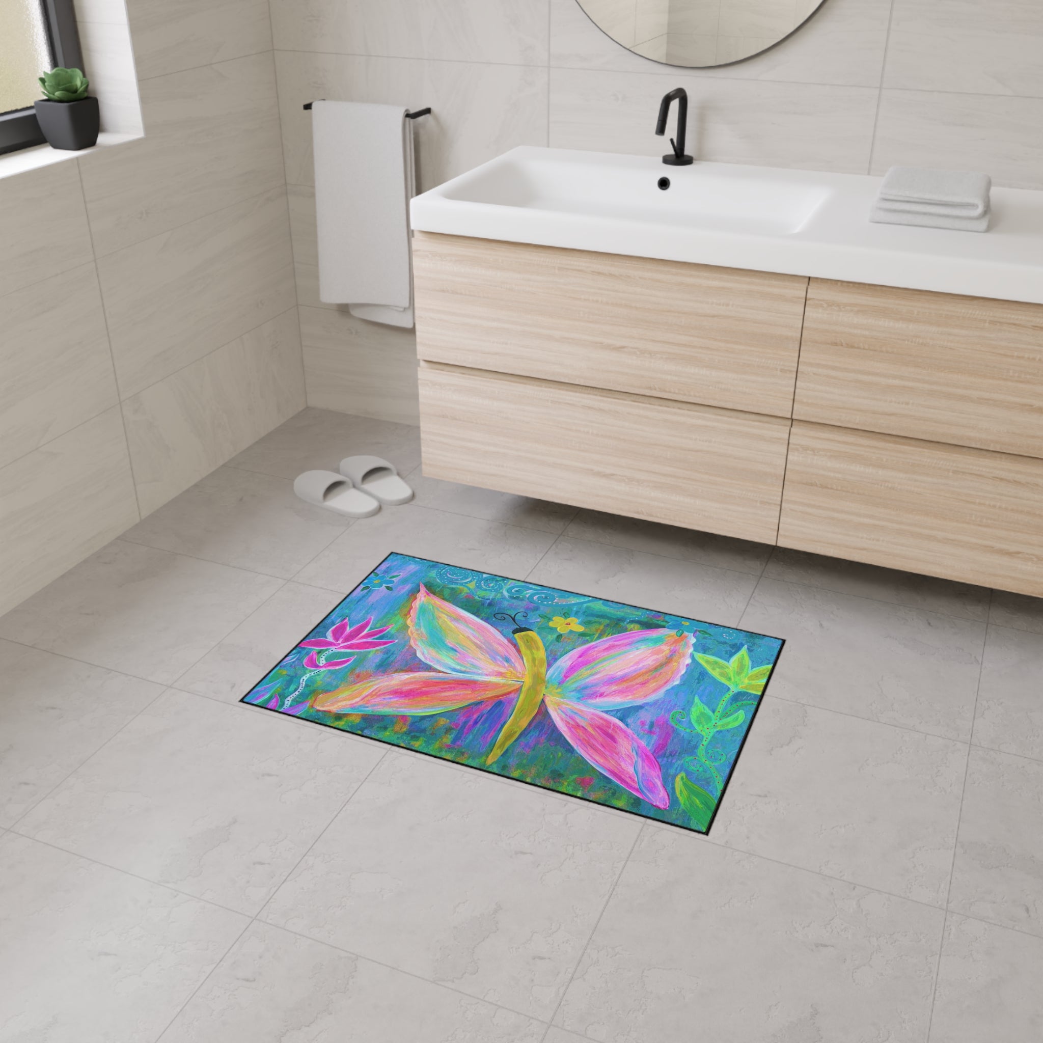Pink Butterfly Floral Floor Mat — Colorful Garden Doormat