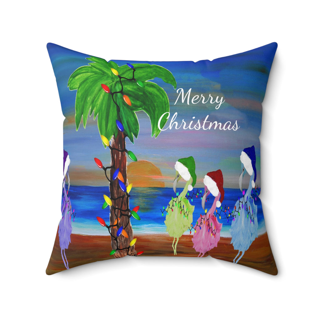Flamingos Merry Christmas Tropical Palm Pillow — Festive Beach Holiday Decor