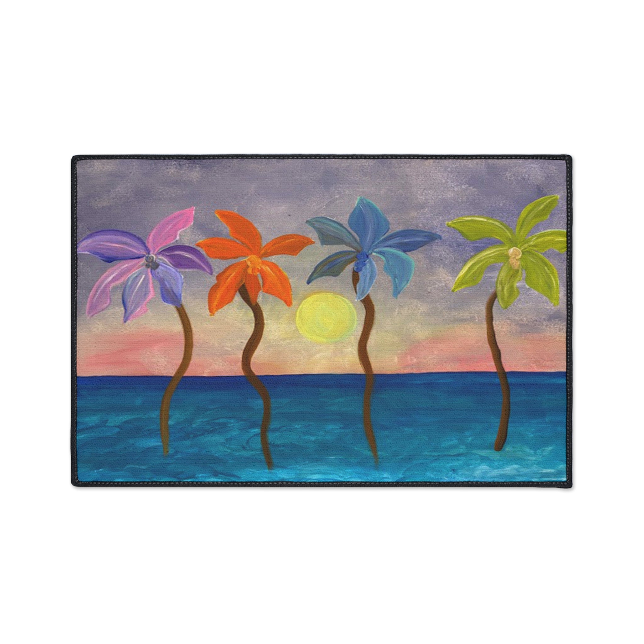 Tropical Sunset Colorful Palm Trees Floor Mat