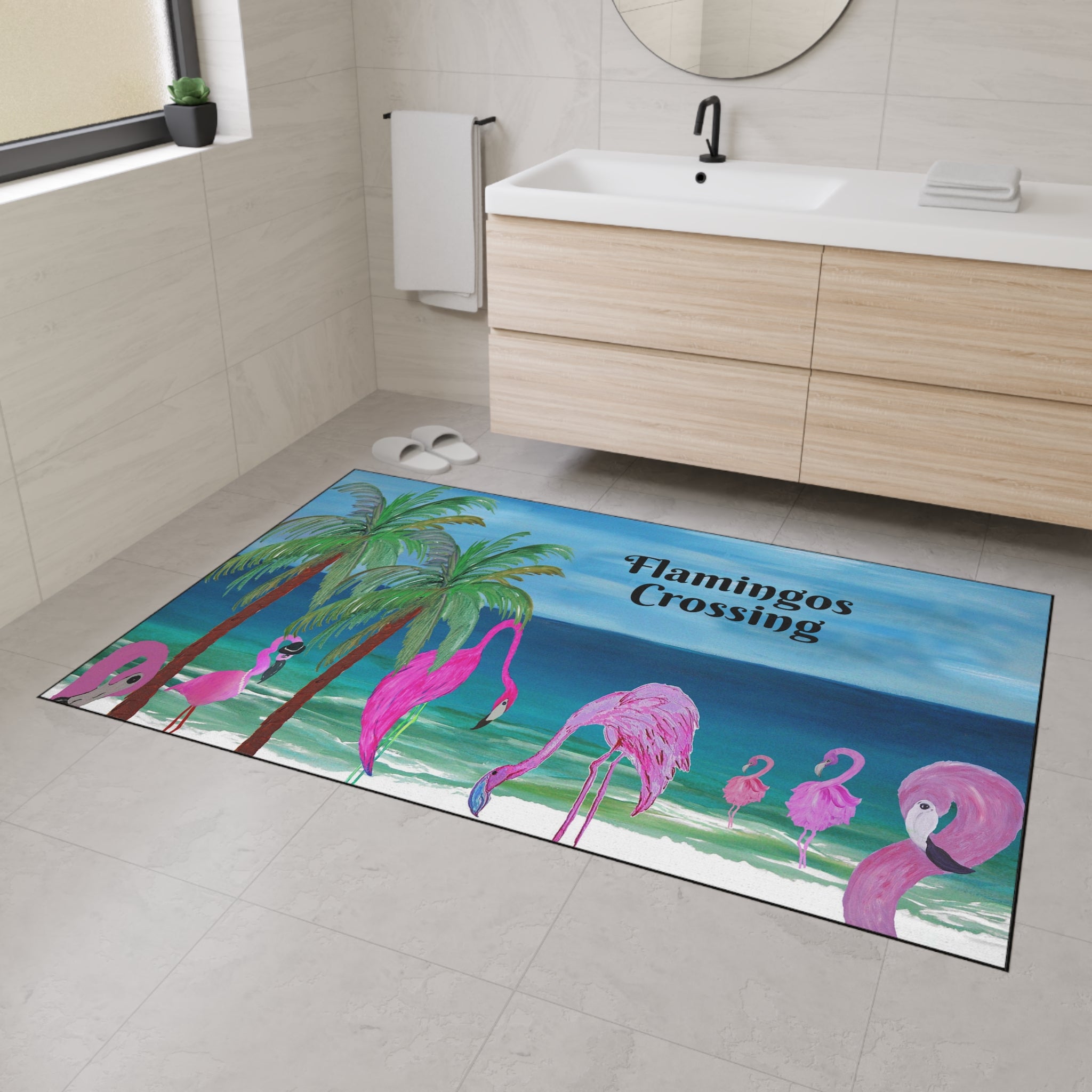 Flamingos Crossing Beach Mat — Heavy Duty Floor Mat