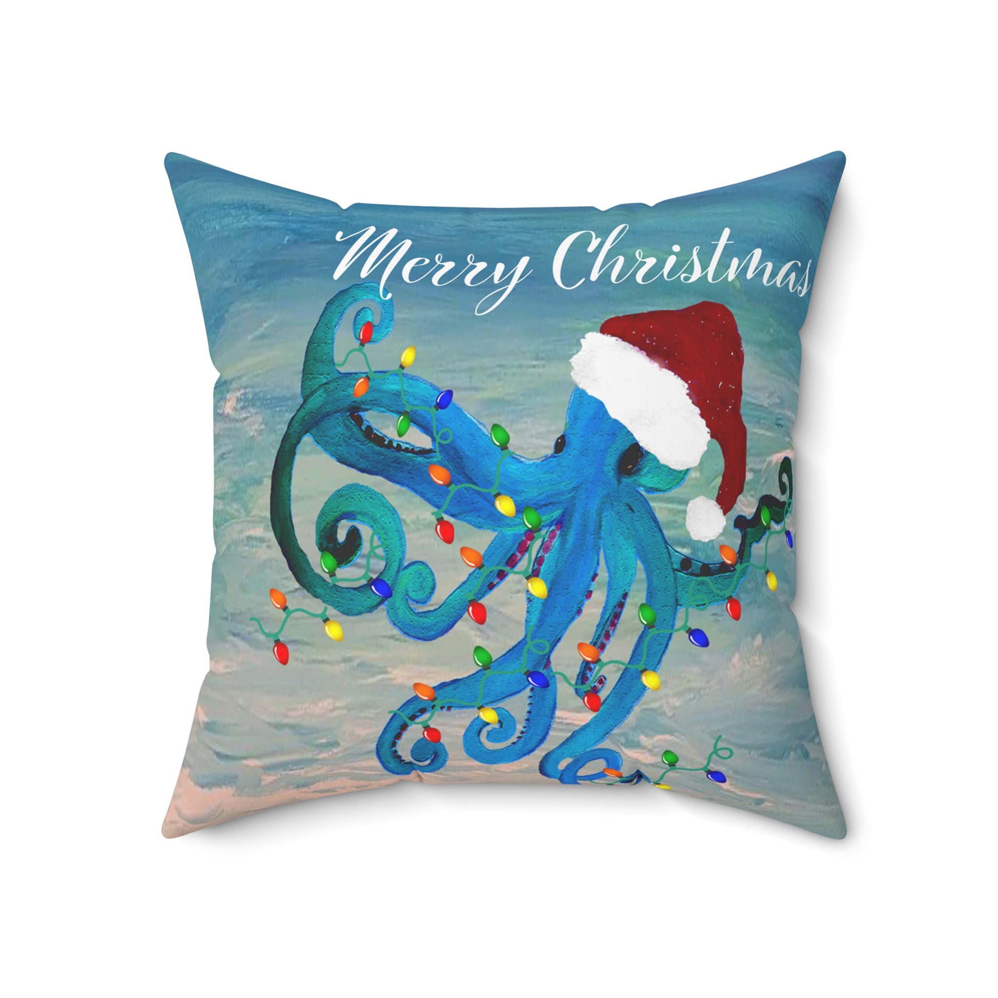 Merry Christmas Octopus Pillow — Festive Santa Hat Sea Creature Throw Pillow