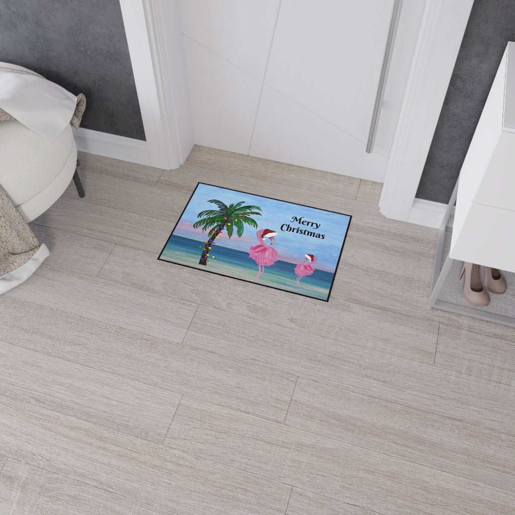 Christmas Beach Floor Mat — "Merry Christmas" Palm & Flamingo Holiday Doormat