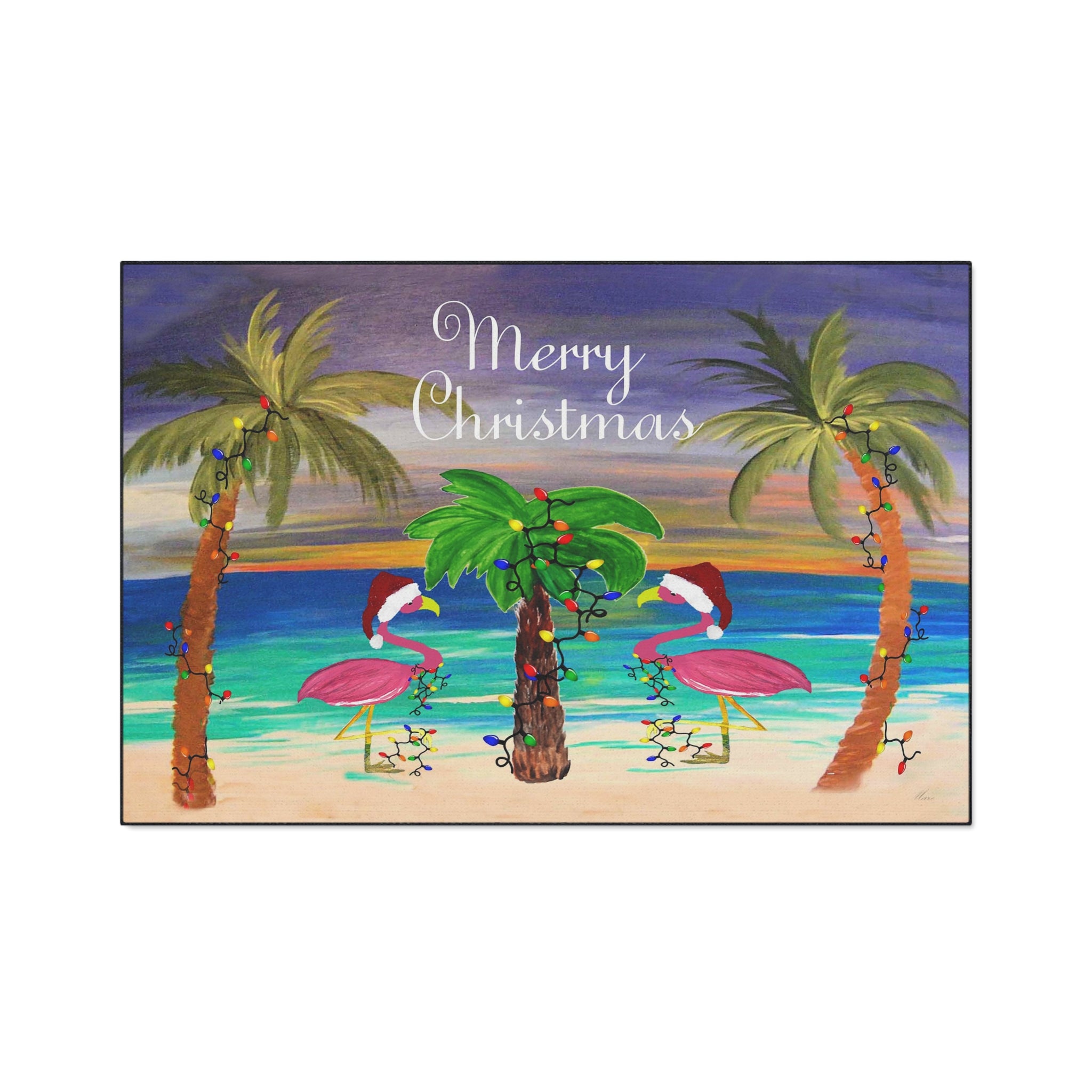 Christmas Beach Floor Mat — "Merry Christmas" Flamingo Palm Tree Doormat
