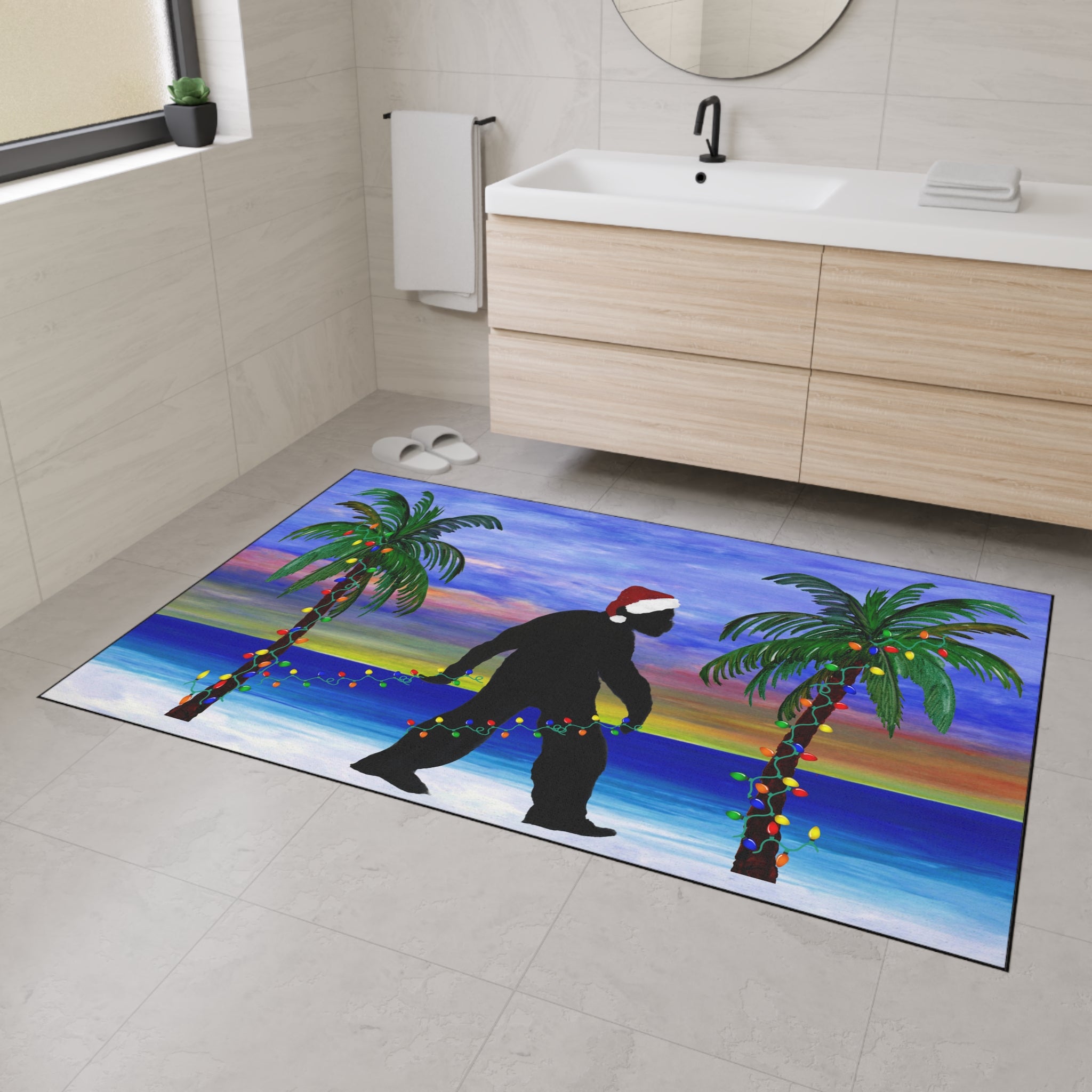 Christmas Beach Sasquatch Doormat — Holiday Palm Tree Welcome Mat