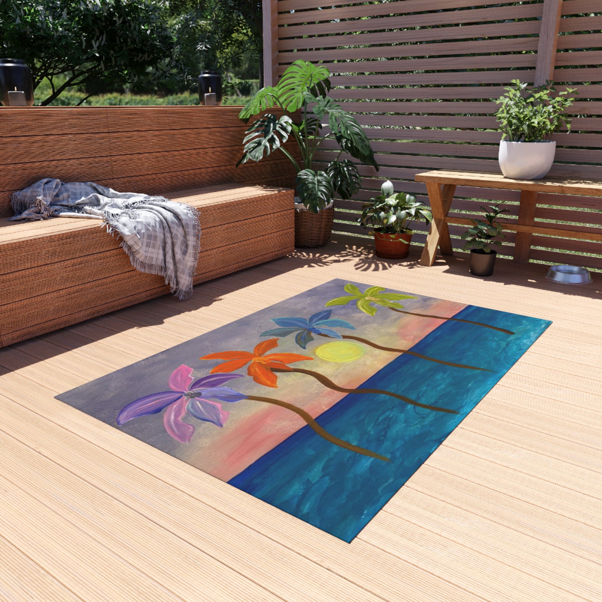 Tropical Sunset Palm Outdoor Rug — Colorful Beach Scene Mat for Patio, Deck & Pool