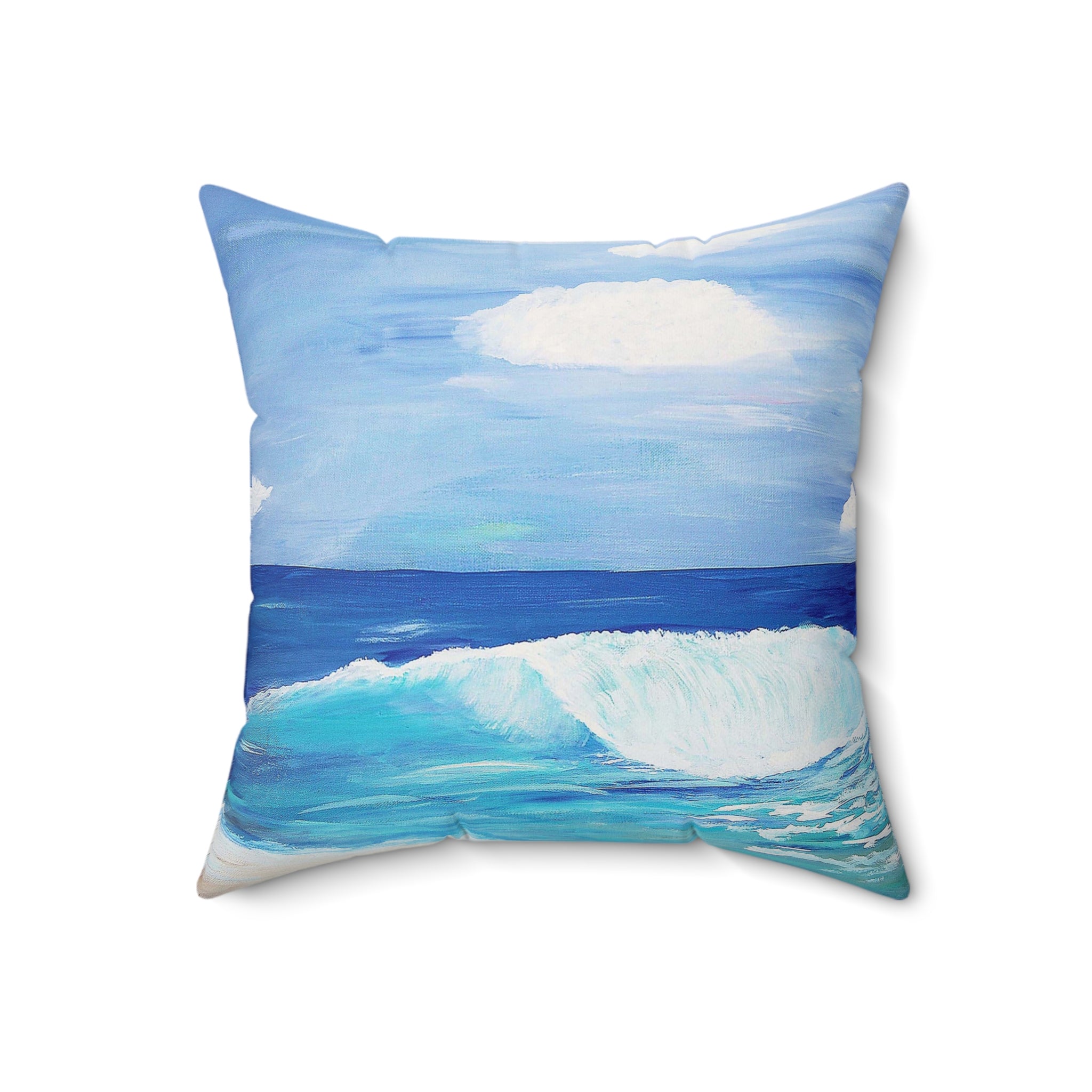Ocean Wave Throw Pillow — Coastal Blue Beach Art Square Pillow