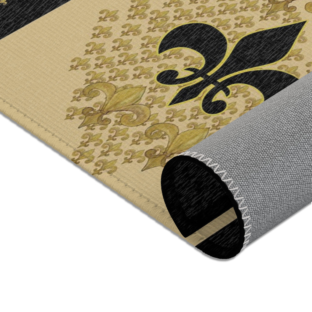 Fleur-de-Lis Striped Area Rug — Elegant Gold & Black Decorative Mat