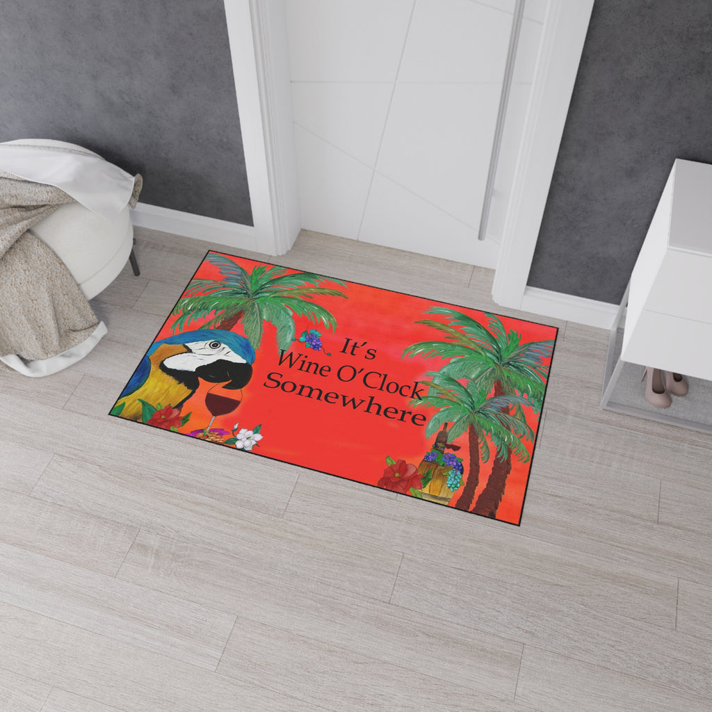 Floor Mat — "It’s Wine O’Clock Somewhere" Tropical Parrot Welcome Mat