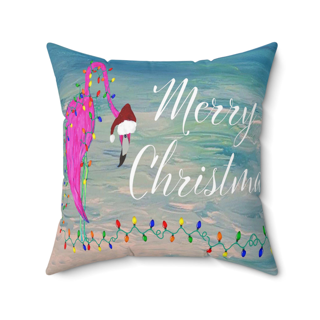 Tropical flamingo and Holiday lights clearwater beach Spun Polyester Square Pillow