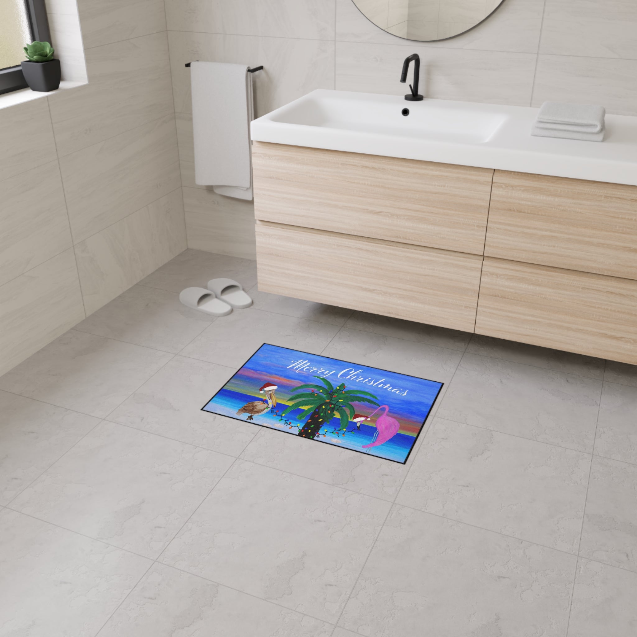Christmas Beach Floor Mat – 'Merry Christmas' Palm Tree with Pelican & Flamingo Holiday Doormat