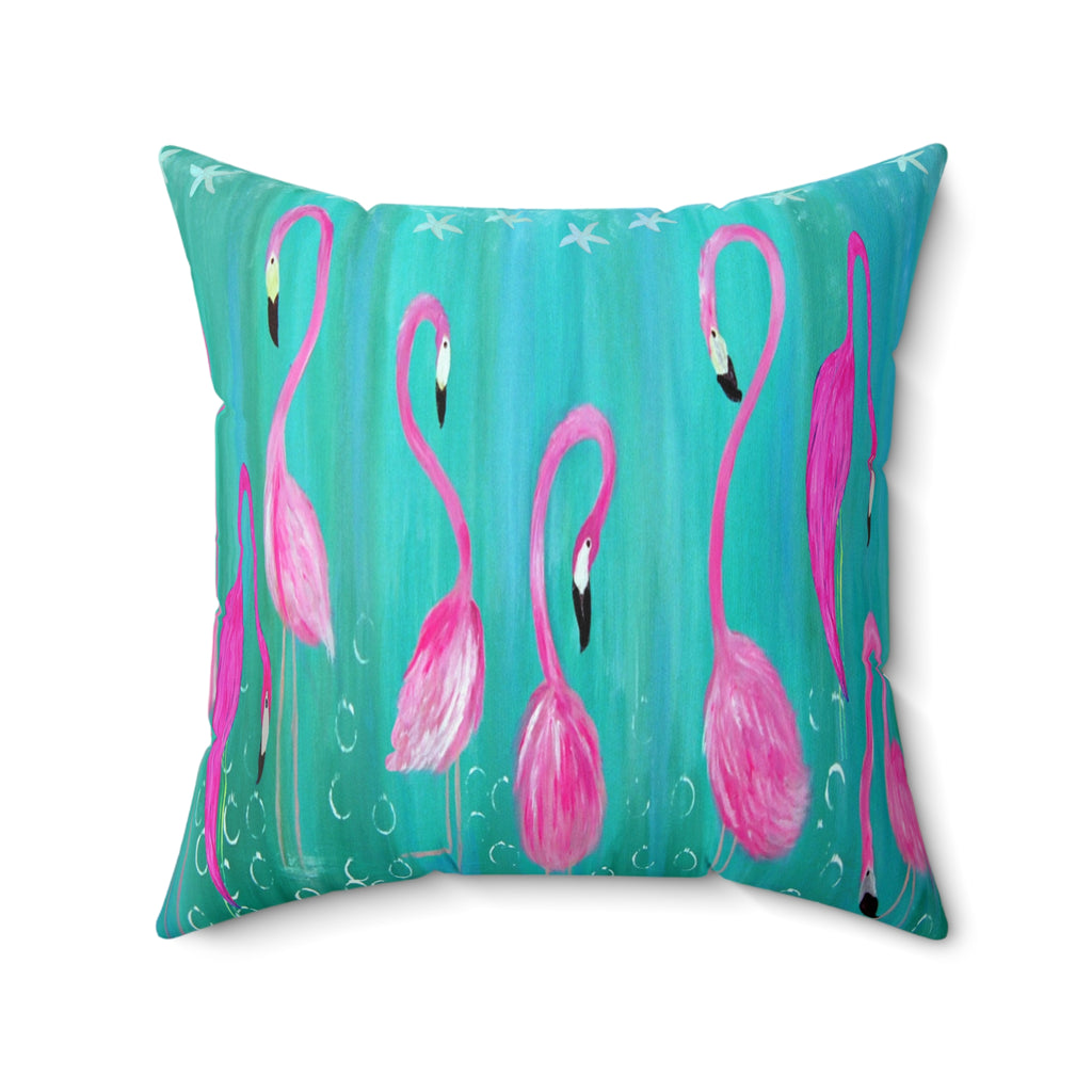 Pink Flamingo Throw Pillow – Tropical Coastal Decorative Square Pillow