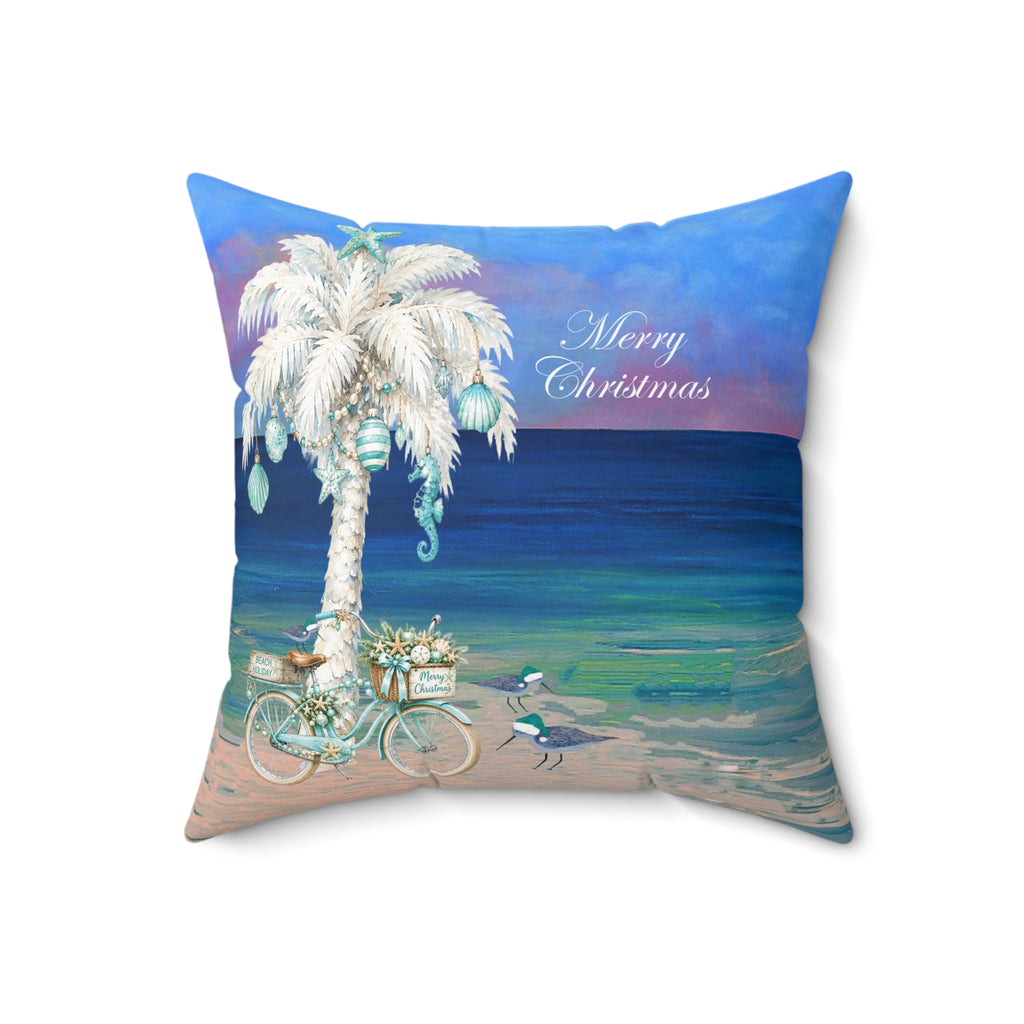 Coastal Christmas Pillow — Beach Palm Tree "Merry Christmas" Throw Pillow