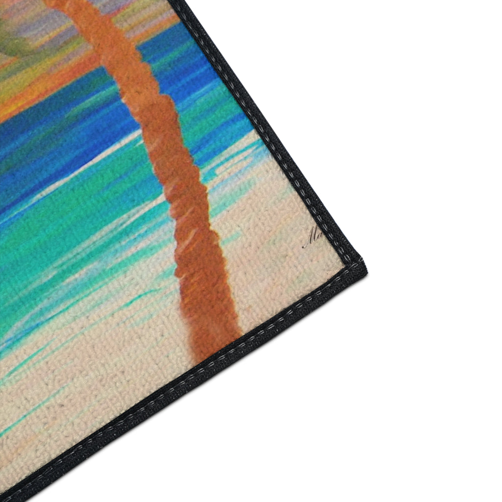 Tropical Sunset Beach Floor Mat — Palm Trees & Umbrella Seaside Doormat