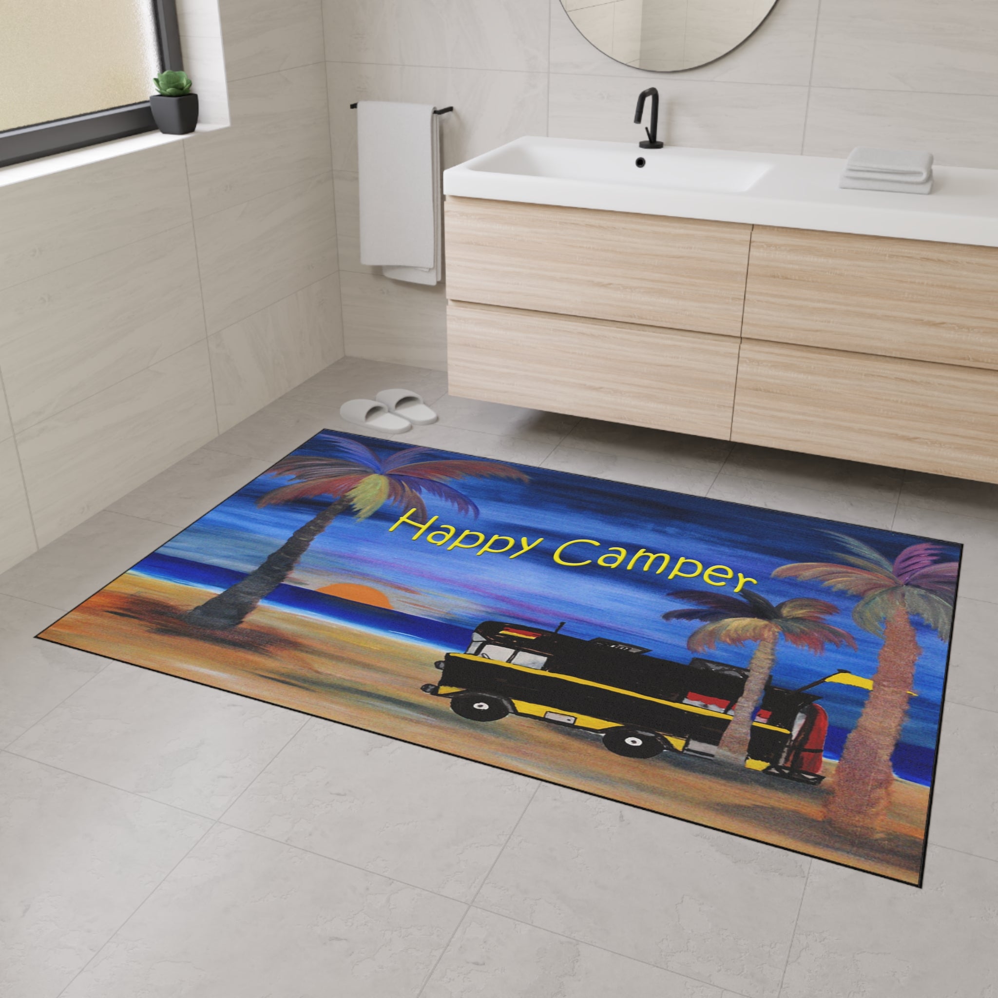 Happy Camper Floor Mat — Heavy-Duty Outdoor/Entry Rug for RV & Beach Lovers
