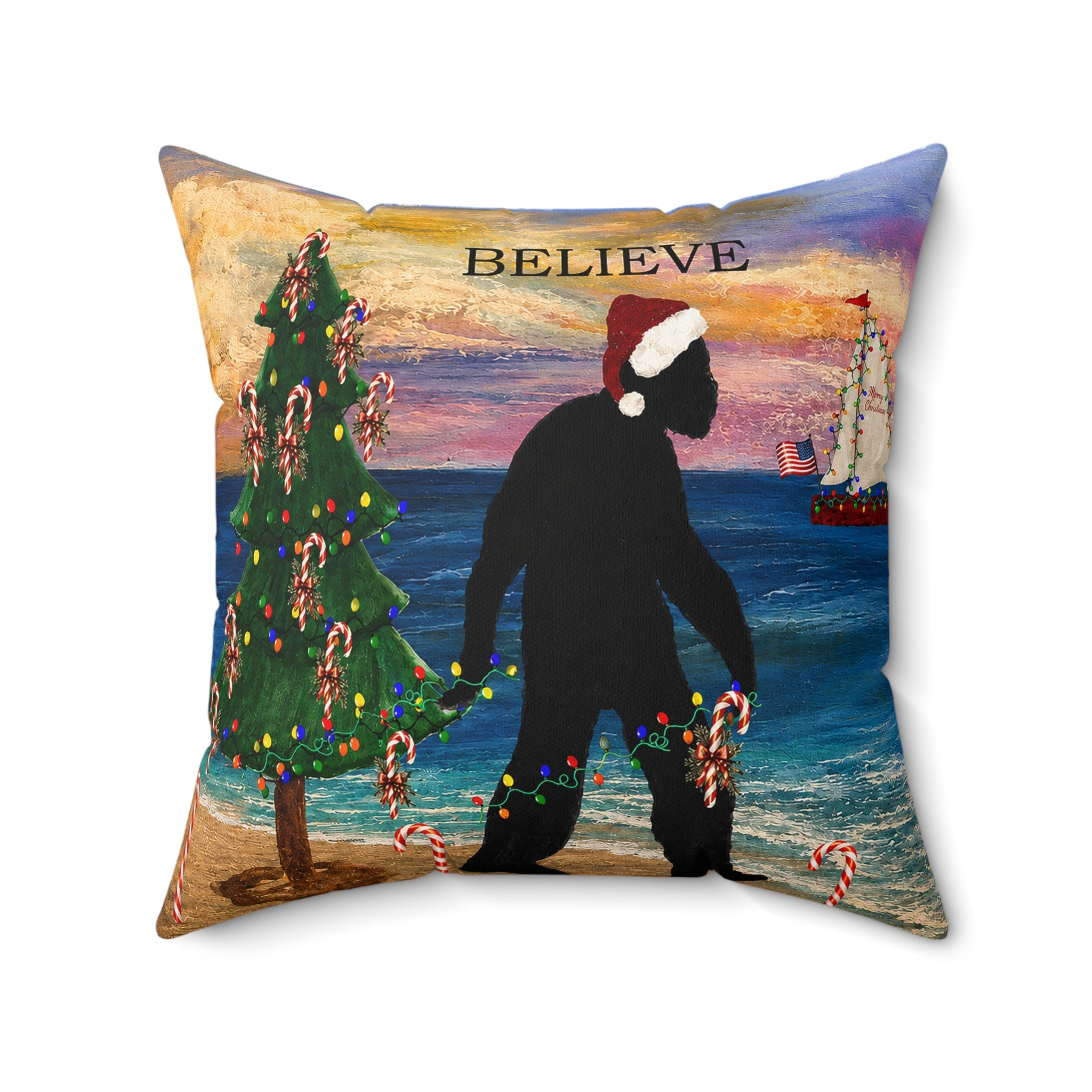Believe Bigfoot Funny Nautical Holiday Christmas Throw Pillow