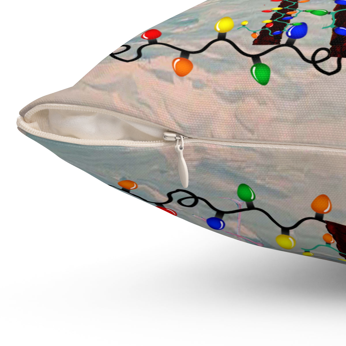 Tropical Christmas Palm Pillow — Flamingo with Holiday Lights