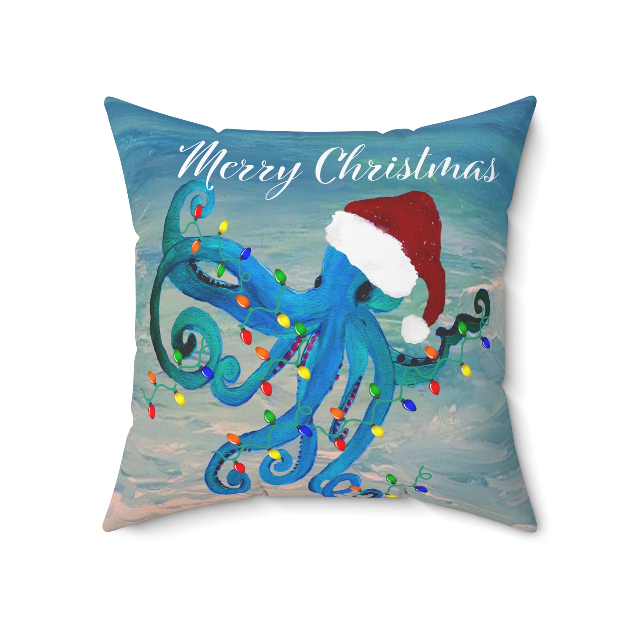 Merry Christmas Octopus Pillow — Festive Santa Hat Sea Creature Throw Pillow