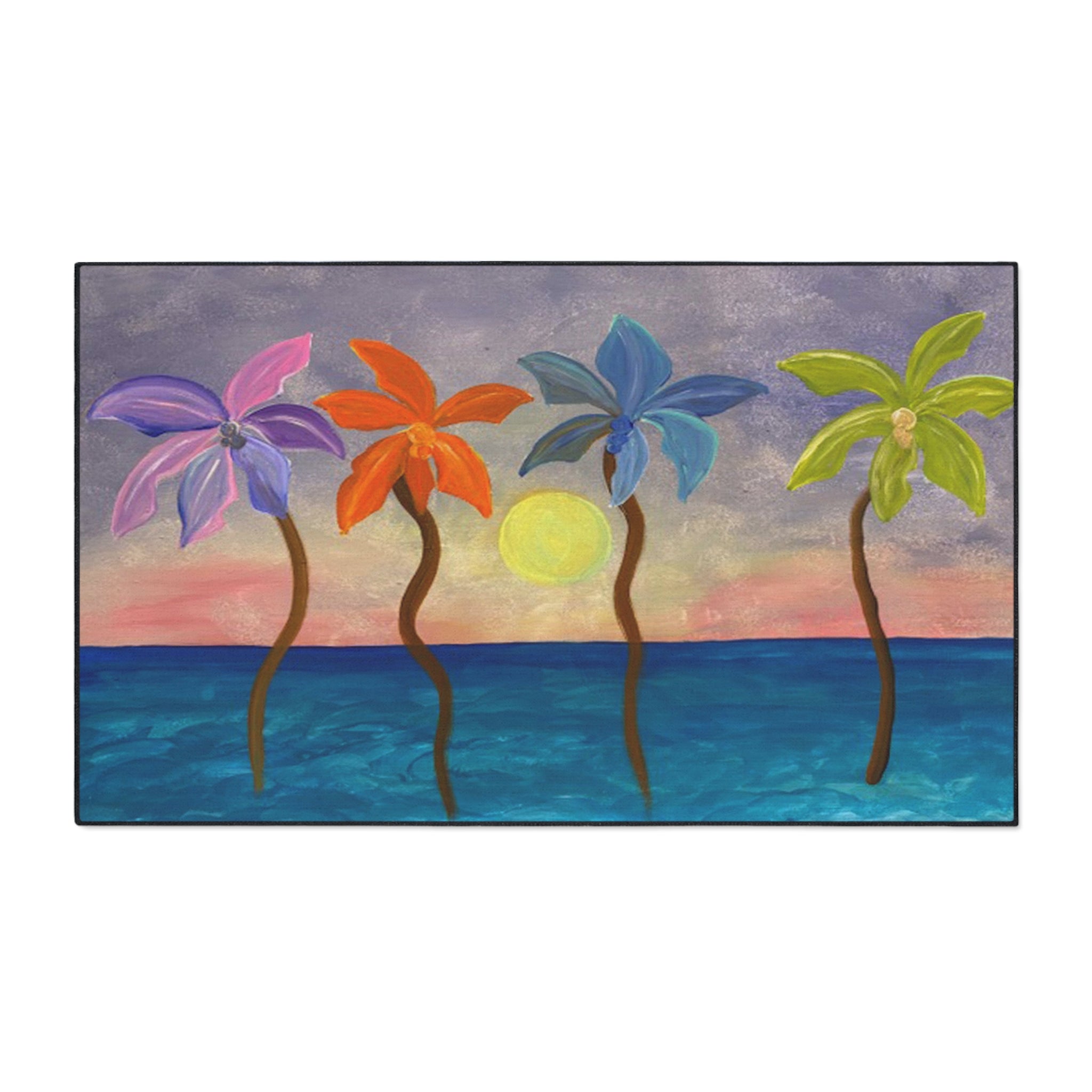 Tropical Sunset Colorful Palm Trees Floor Mat