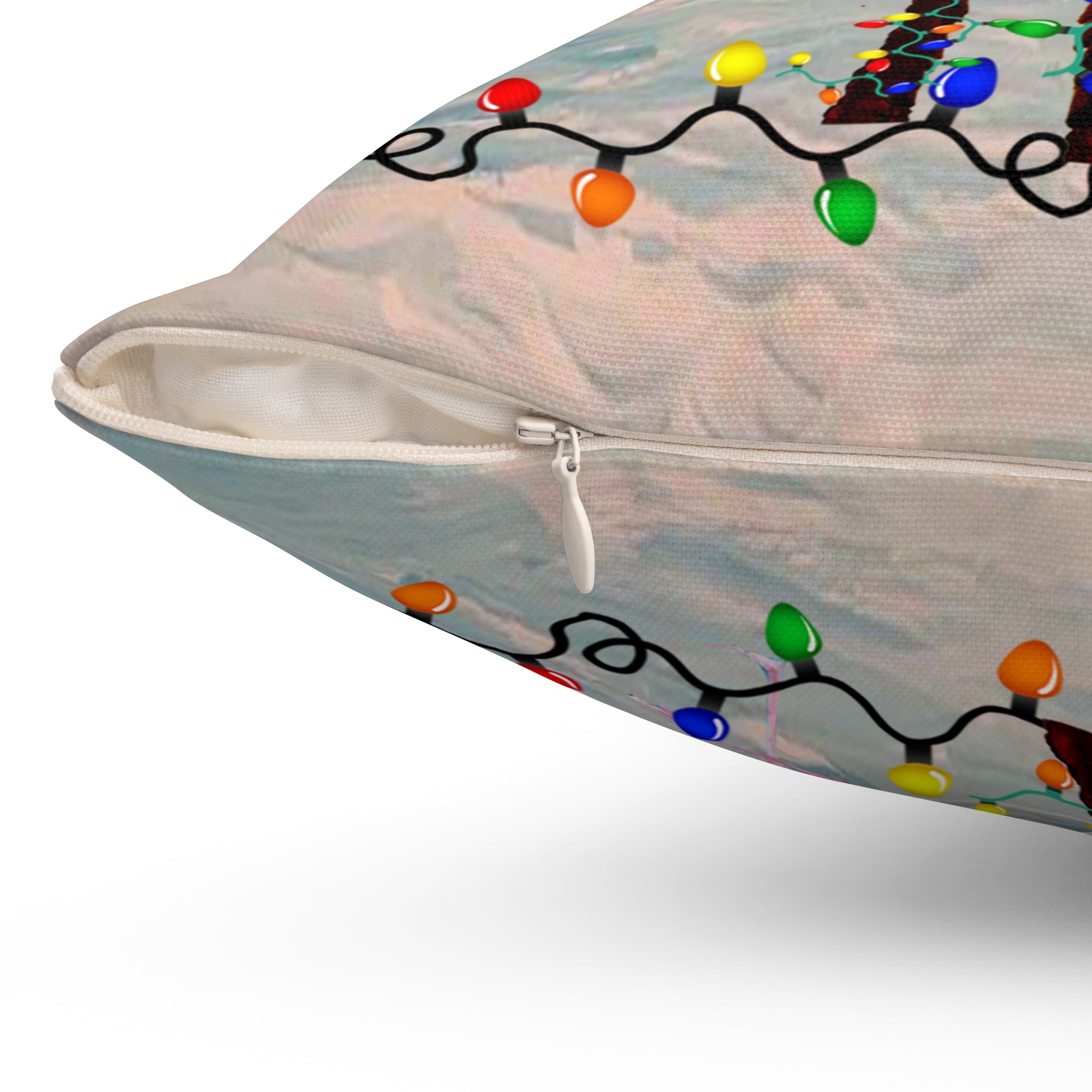 Tropical Christmas Palm Pillow — Flamingo with Holiday Lights