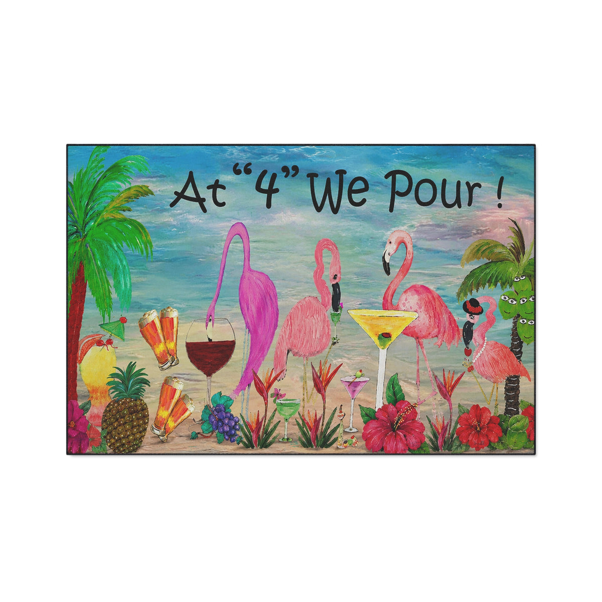 Tropical Flamingo Welcome Mat — "At '4' We Pour!" Cocktail Beach Door Mat