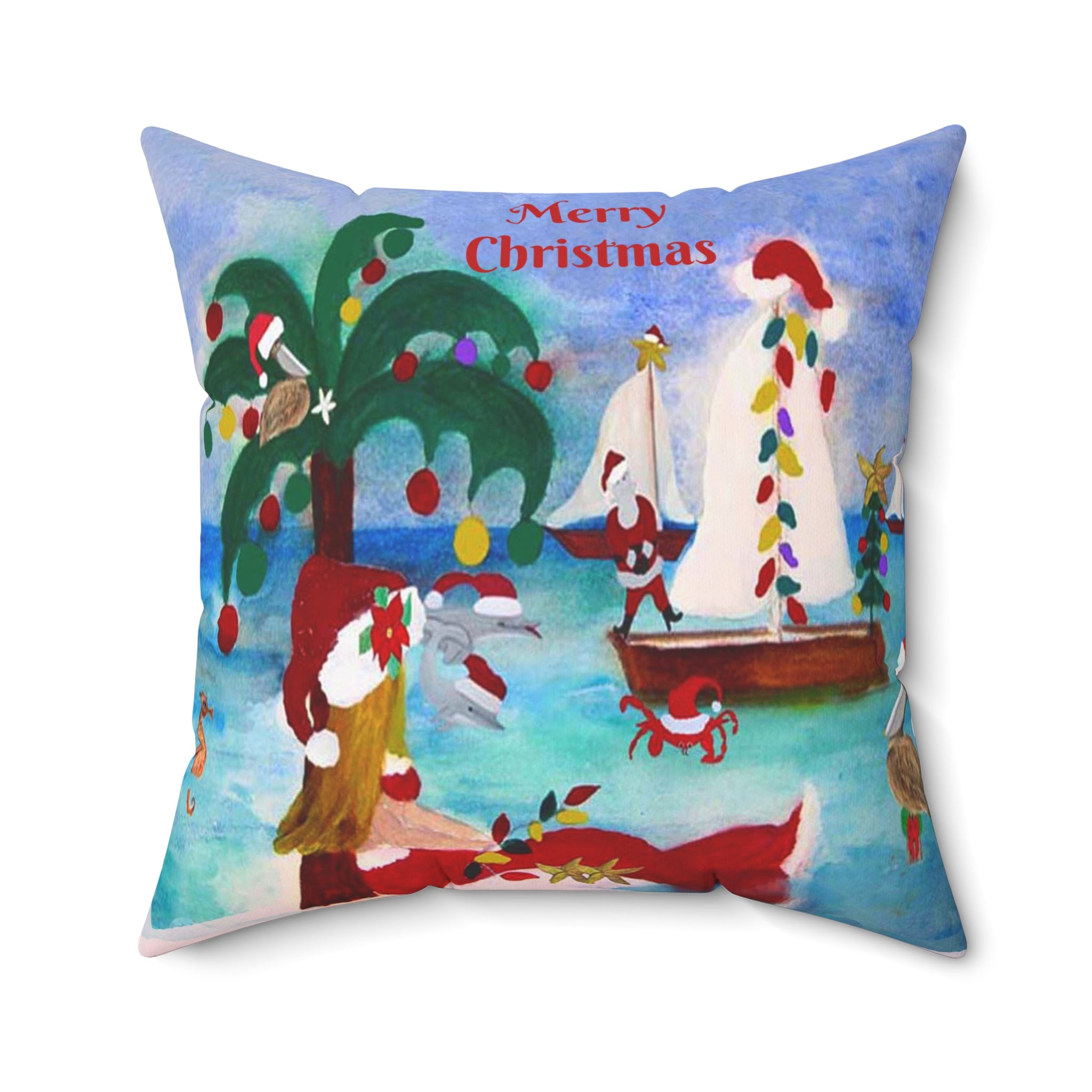 Christmas Coastal Pillow — 'Merry Christmas' Sailboat & Palm Tree Holiday Throw Pillow