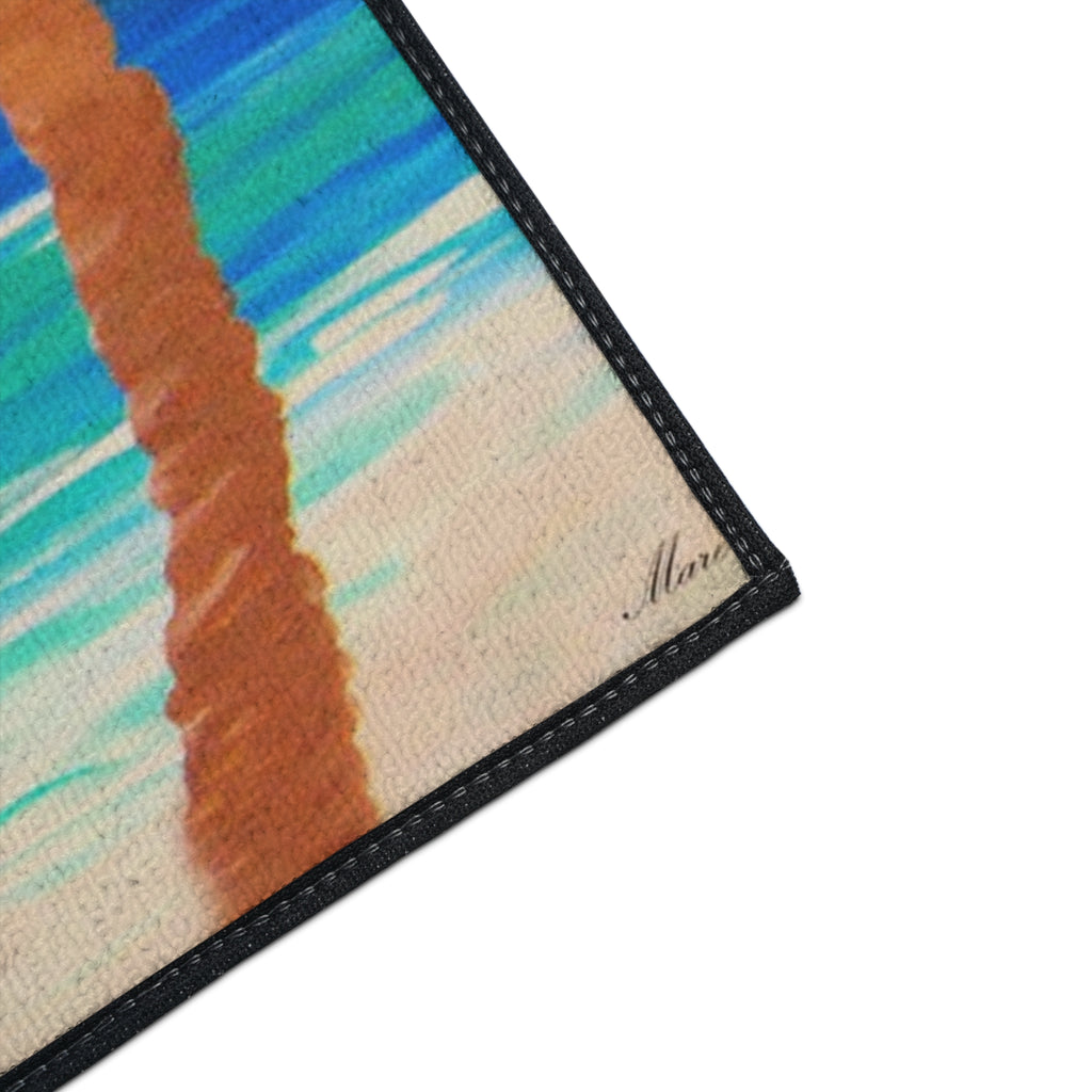 Tropical Sunset Beach Floor Mat — Palm Trees & Umbrella Seaside Doormat
