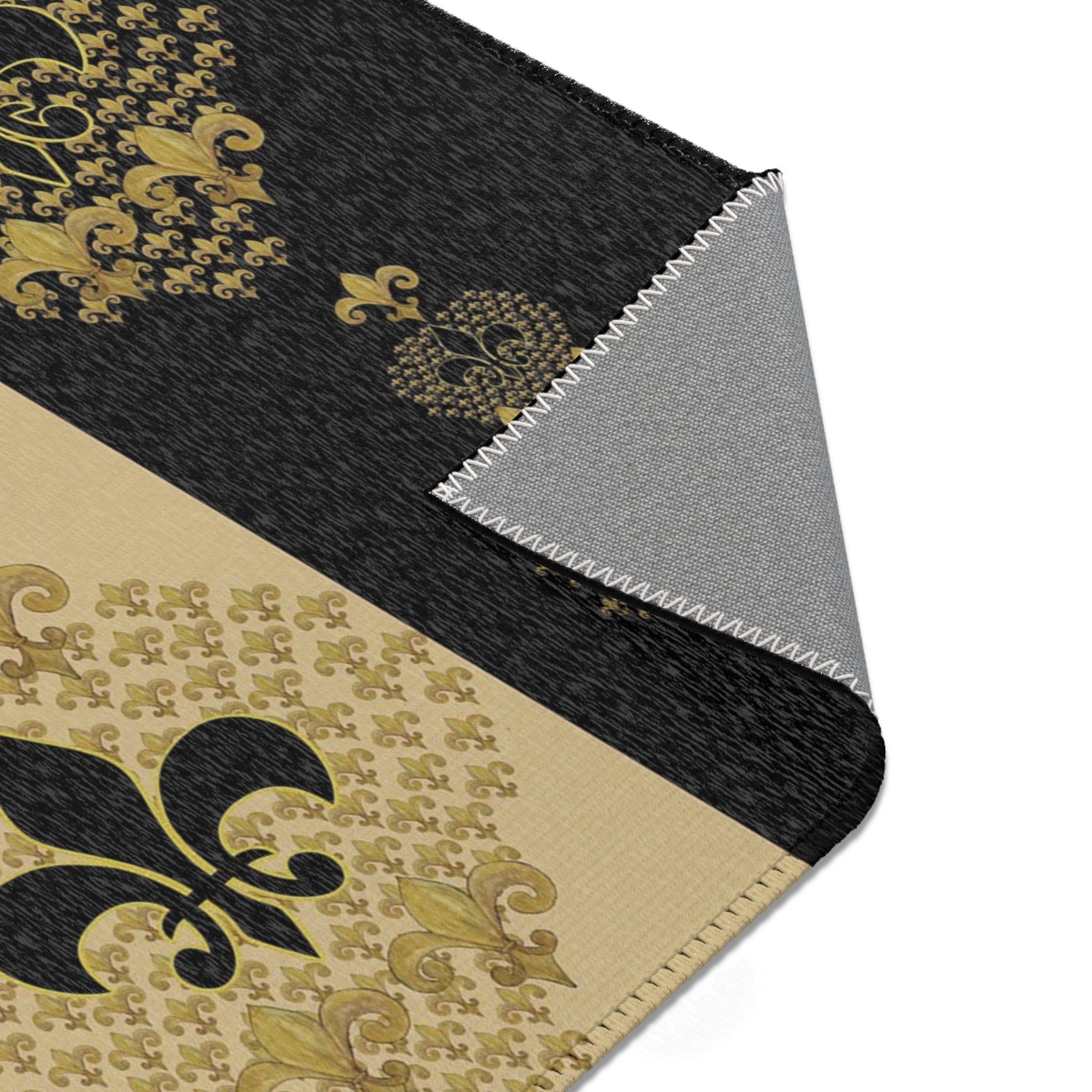Fleur-de-Lis Striped Area Rug — Elegant Gold & Black Decorative Mat