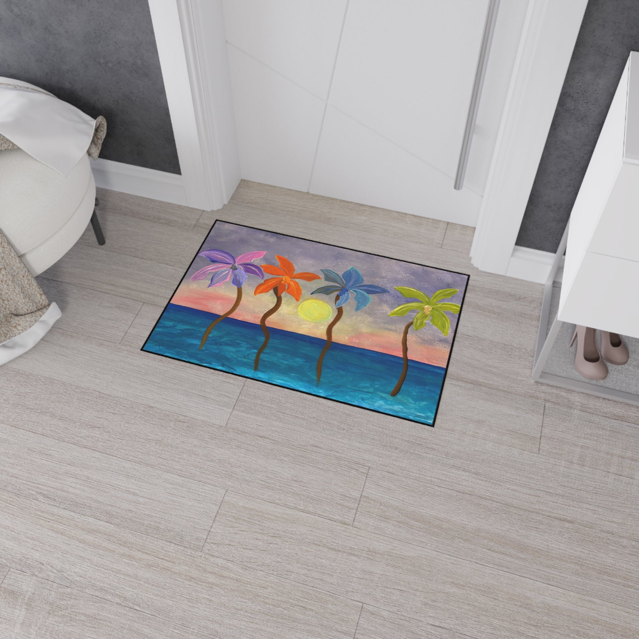 Tropical Sunset Colorful Palm Trees Floor Mat