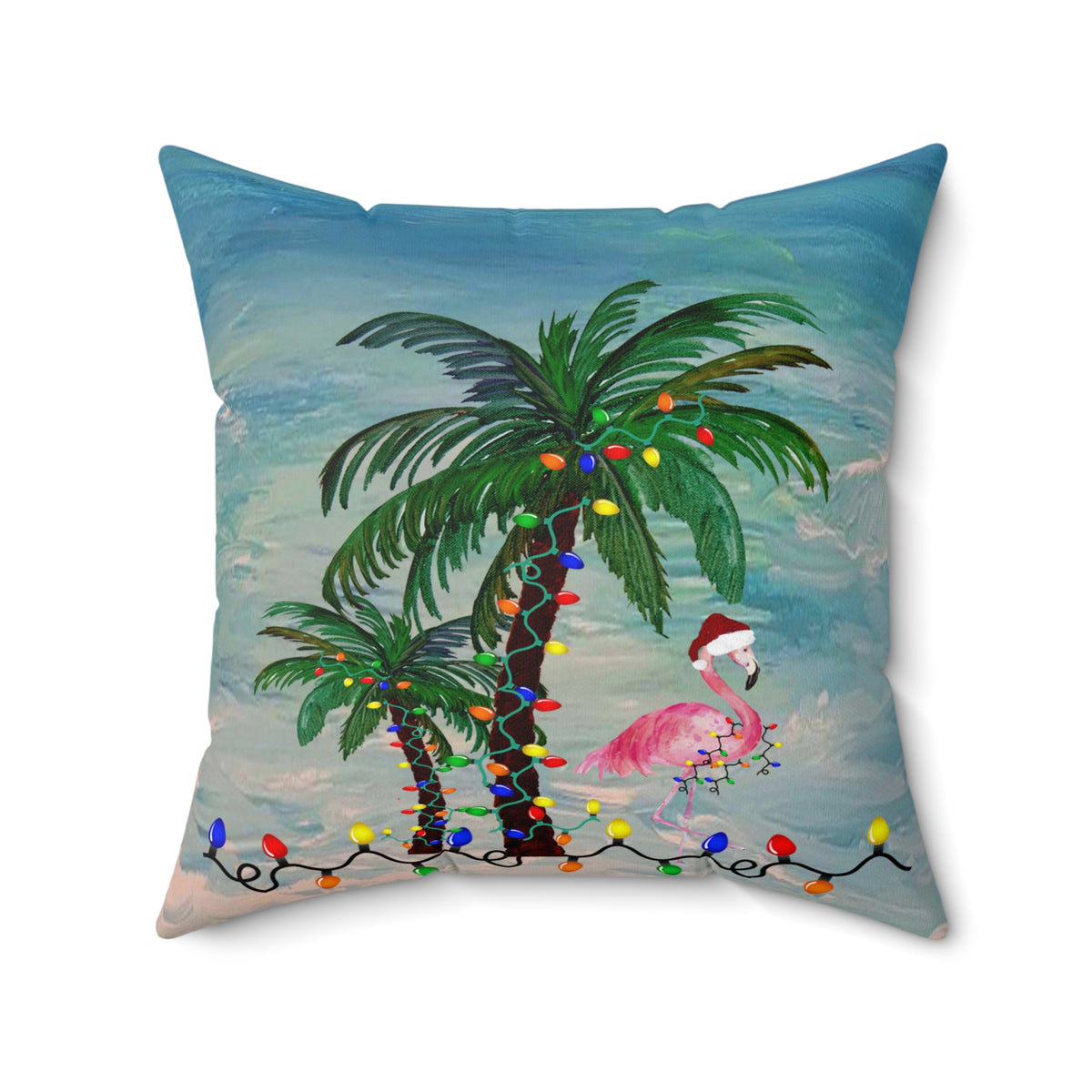 Tropical Christmas Palm Pillow — Flamingo with Holiday Lights