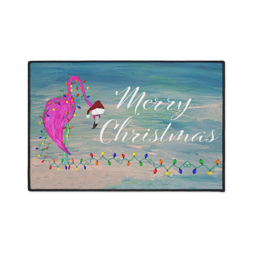 Christmas Flamingo Heavy-Duty Floor Mat — 'Merry Christmas' Holiday Doormat
