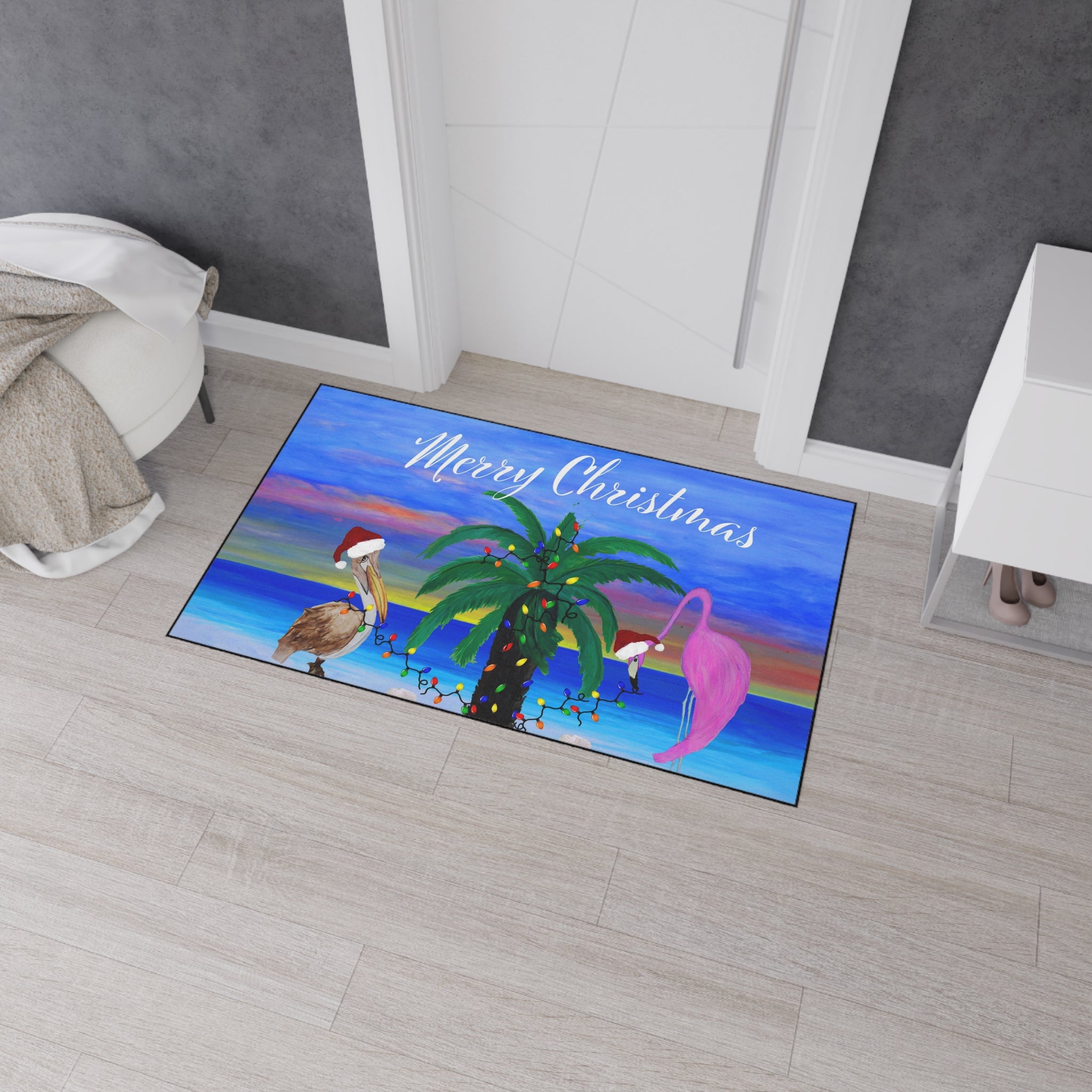 Christmas Beach Floor Mat – 'Merry Christmas' Palm Tree with Pelican & Flamingo Holiday Doormat