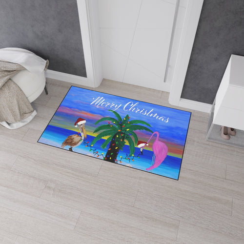 Christmas Beach Floor Mat – 'Merry Christmas' Palm Tree with Pelican & Flamingo Holiday Doormat
