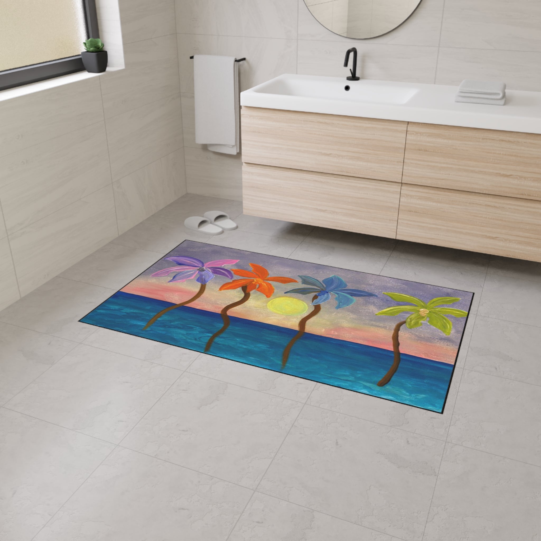 Tropical Sunset Colorful Palm Trees Floor Mat