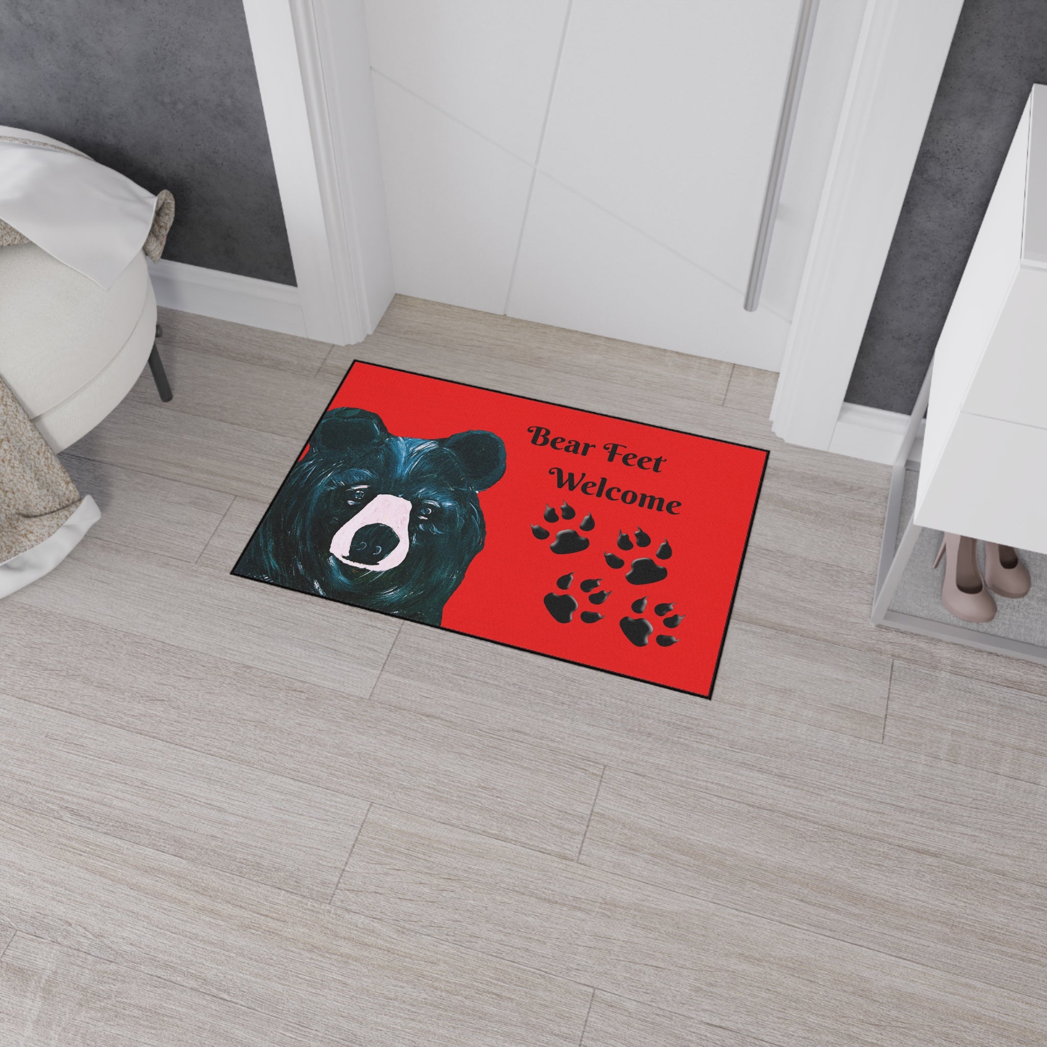 Bear Feet Welcome Heavy-Duty Floor Mat — Red Cabin Doormat with Bear Paw Prints