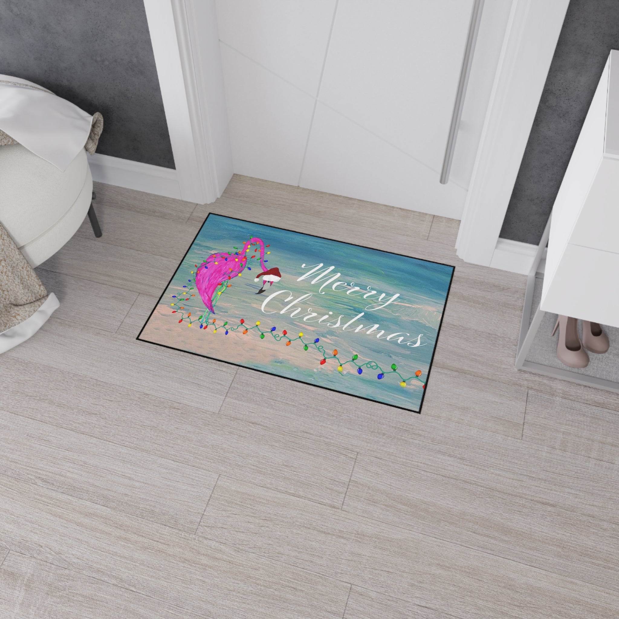 Christmas Flamingo Heavy-Duty Floor Mat — 'Merry Christmas' Holiday Doormat