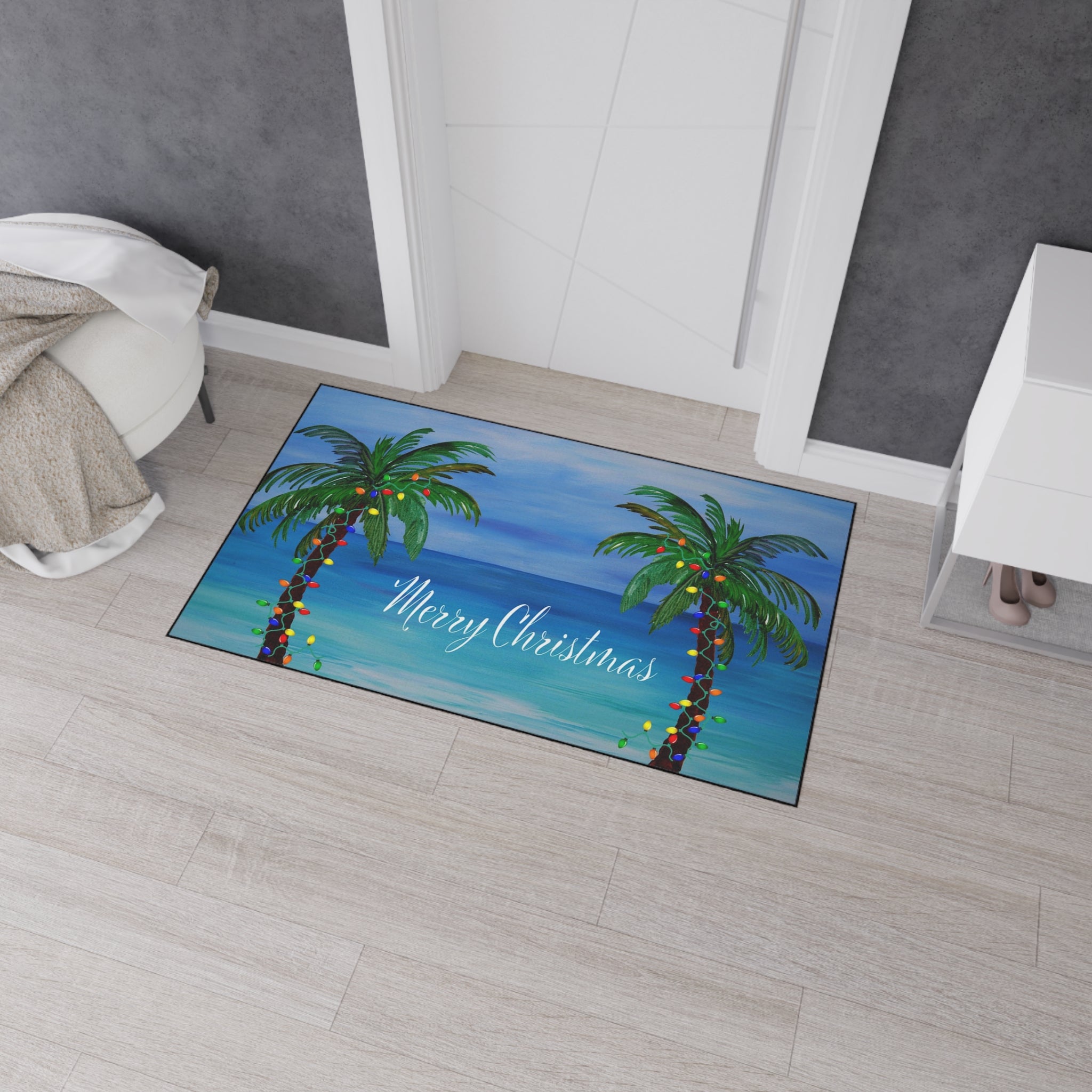 Merry Christmas Tropical Palm Doormat — Heavy Duty Holiday Floor Mat